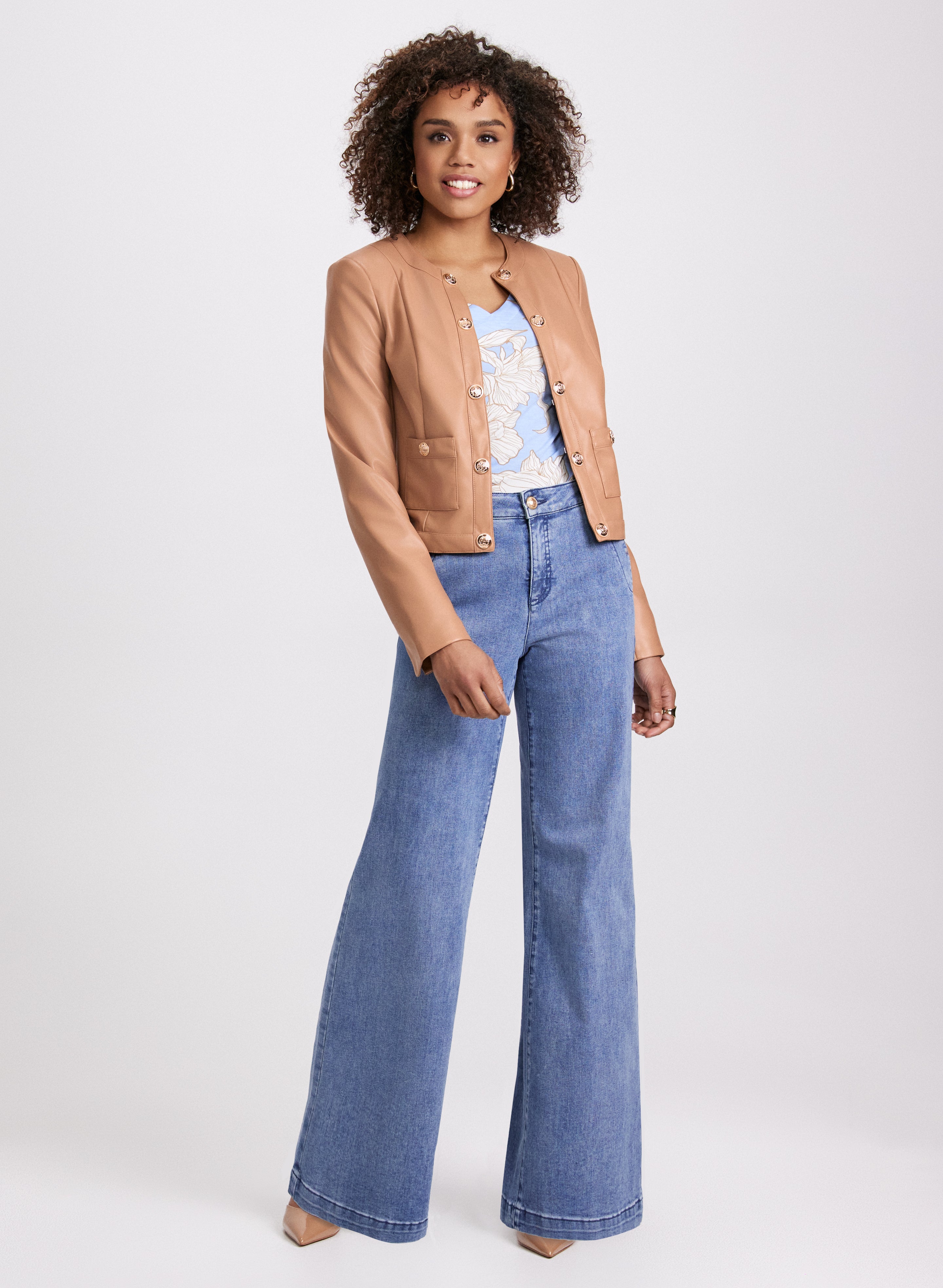Vegan Leather Jacket with Decorative Buttons & Faded Wide Leg Jeans Set - Stylish Outfit for Casual Wear, Date Night, and Street Fashion