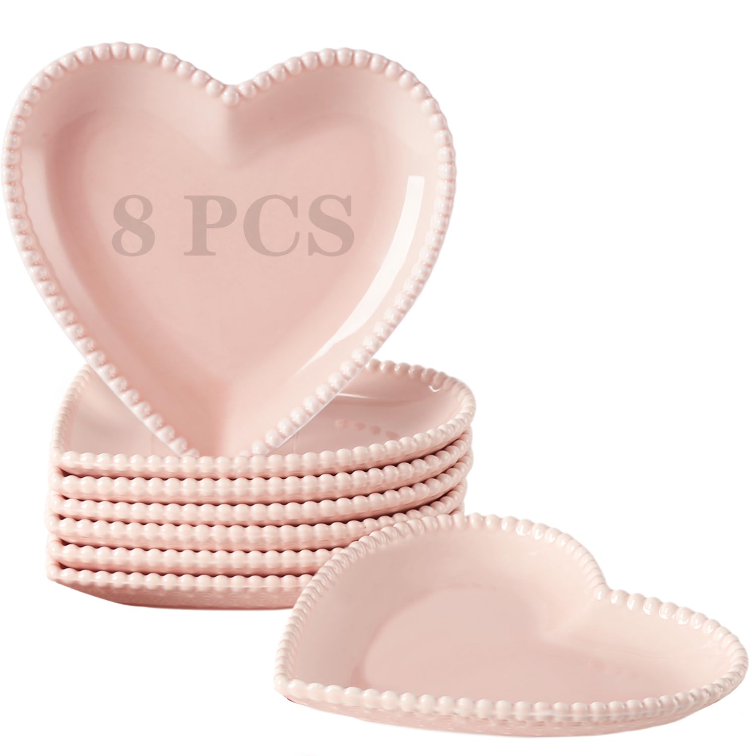 7.5 Inch Heart-Shaped Porcelain Appetizer Plates Set of 8 - Elegant Small Dinner Plates for Dessert, Salad, Cake, Snack & Ice Cream | Microwave, Oven & Dishwasher Safe | Perfect for Valentine's Day, Bridal Showers & Romantic Dinners (Pink)