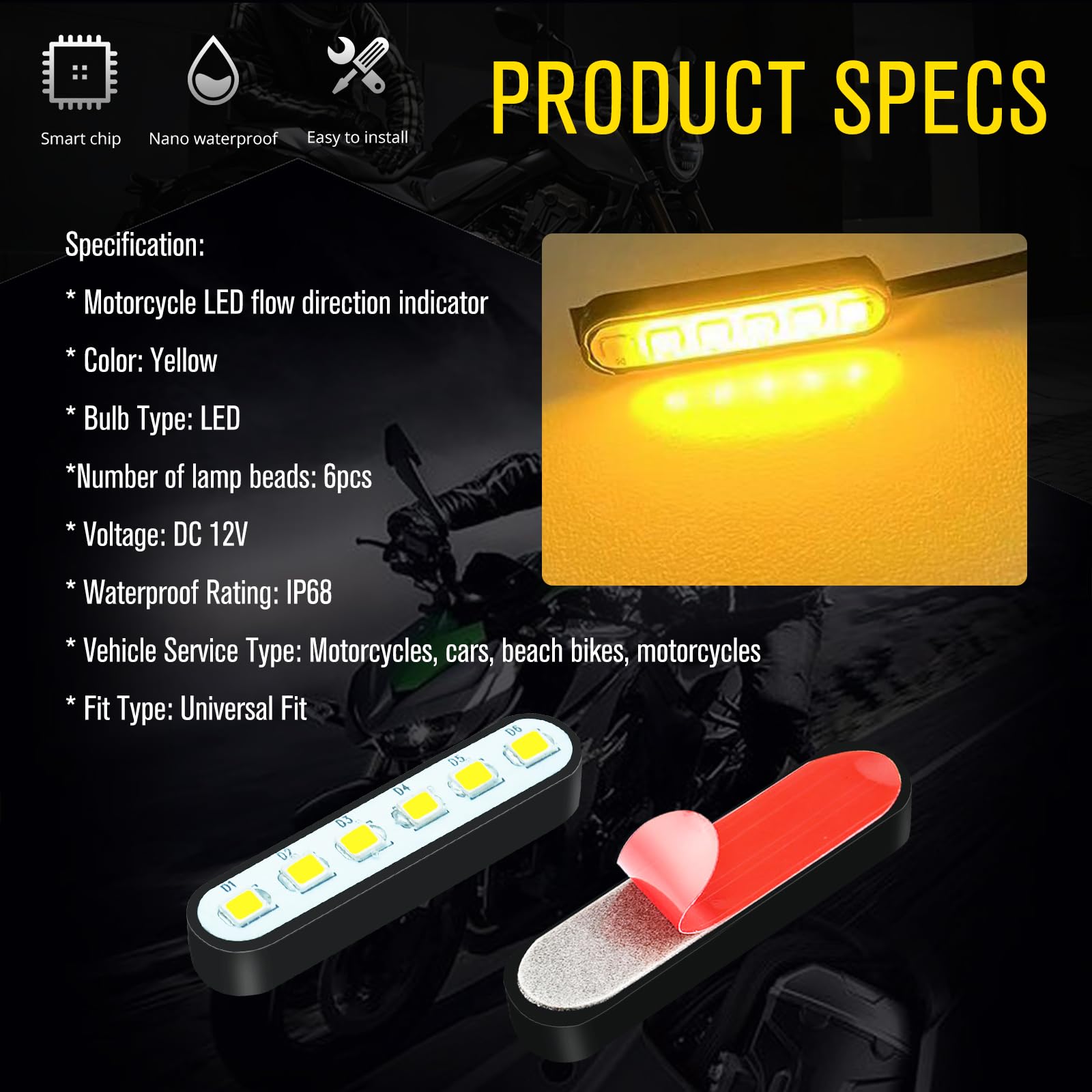 4pcs 1.5 Inch LED Strip Lights for Motorcycle, Car, SUV & Truck - 6 LEDs Waterproof Exterior Driving Light Kit DC 12V Amber - Perfect for Night Riding, Off-Road Adventures & Vehicle Customization