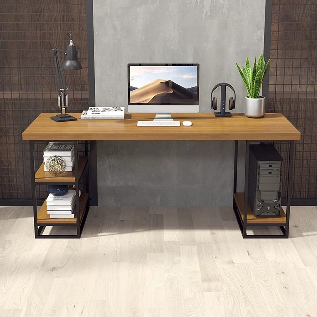 Solid Wood Computer Desk with Wrought Iron Frame - 120x60x75cm Home Office Desk with Storage Shelf, Easy Assembly Writing Workstation for Small Spaces | Perfect for Remote Work, Gaming & Study