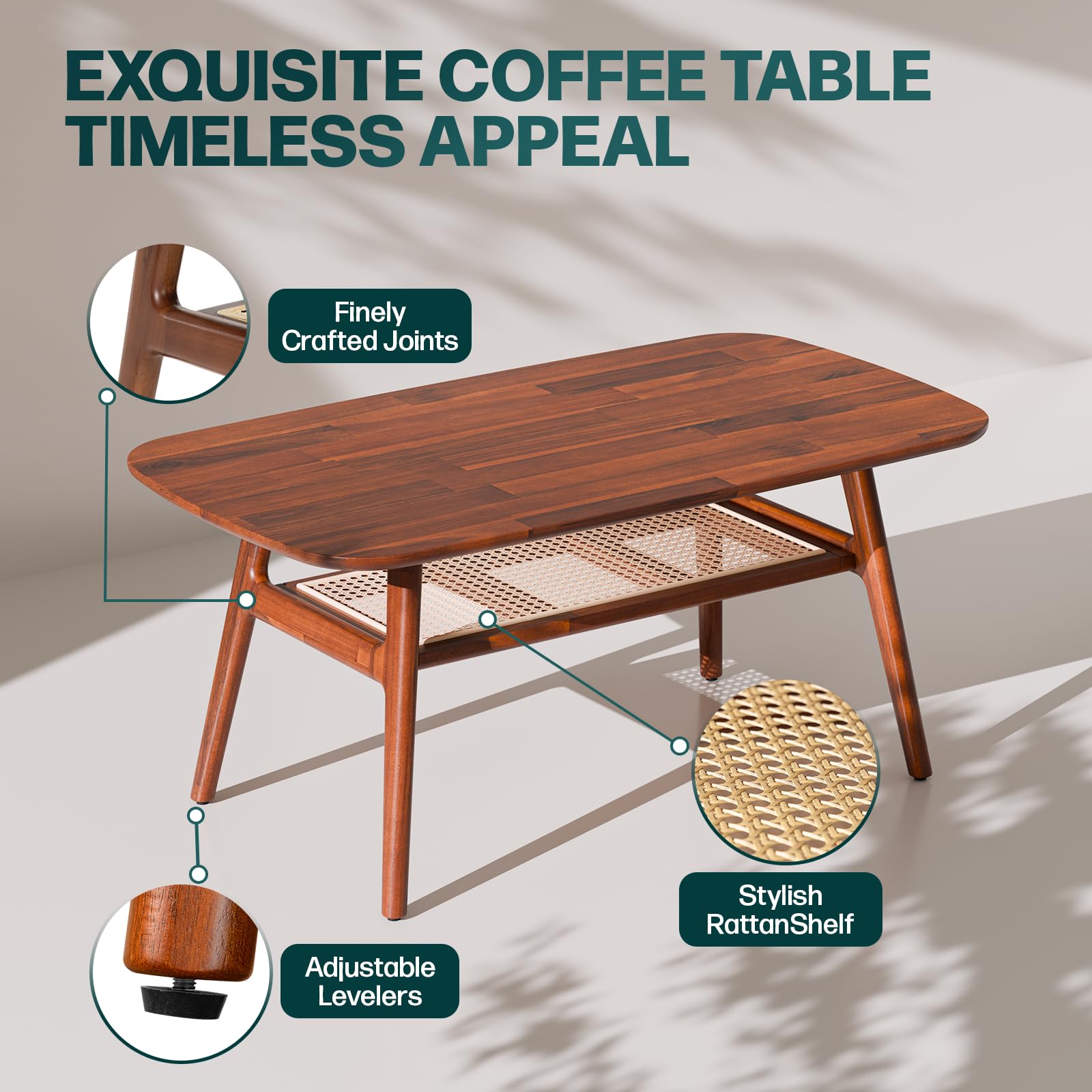 Bme Nancy Solid Acacia Wood Coffee Table - Oval Mid-Century Modern Living Room Furniture with Rattan Shelf, 237 Lbs Weight Capacity, Dark Chocolate Finish - Perfect for Small Spaces, Apartments & Cozy Home Decor