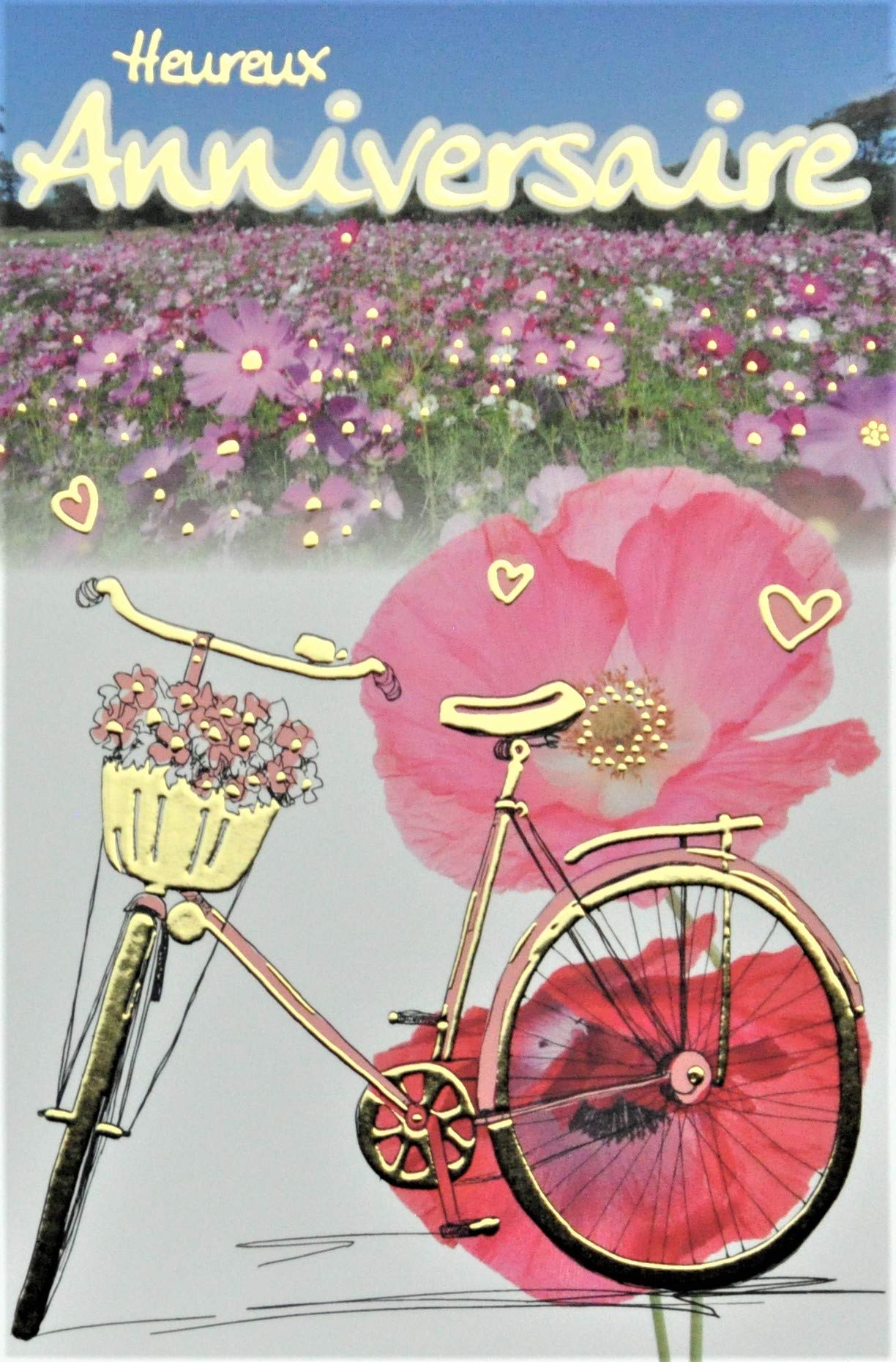 Happy Birthday Card with Pink Poppy Flowers & Gold Gilded Bicycle Basket - Elegant French-Made Greeting Card for Birthdays, Anniversaries & Special Occasions