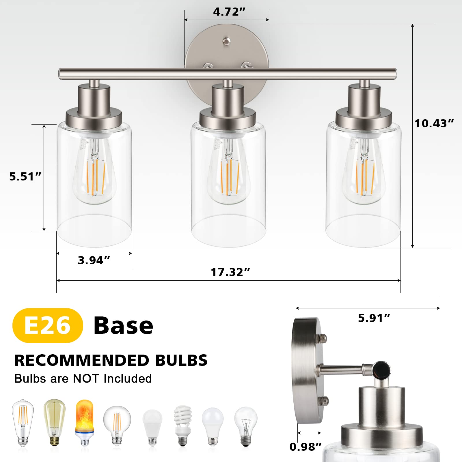 Unicozin 3 Light Brushed Nickel Vanity Wall Sconce with Clear Glass Shade - E26 Base Bathroom Mirror Light Fixture for Living Room, Bedroom & Hallway - Perfect for Makeup Vanity, Dressing Room & Home Decor (Bulbs Not Included)
