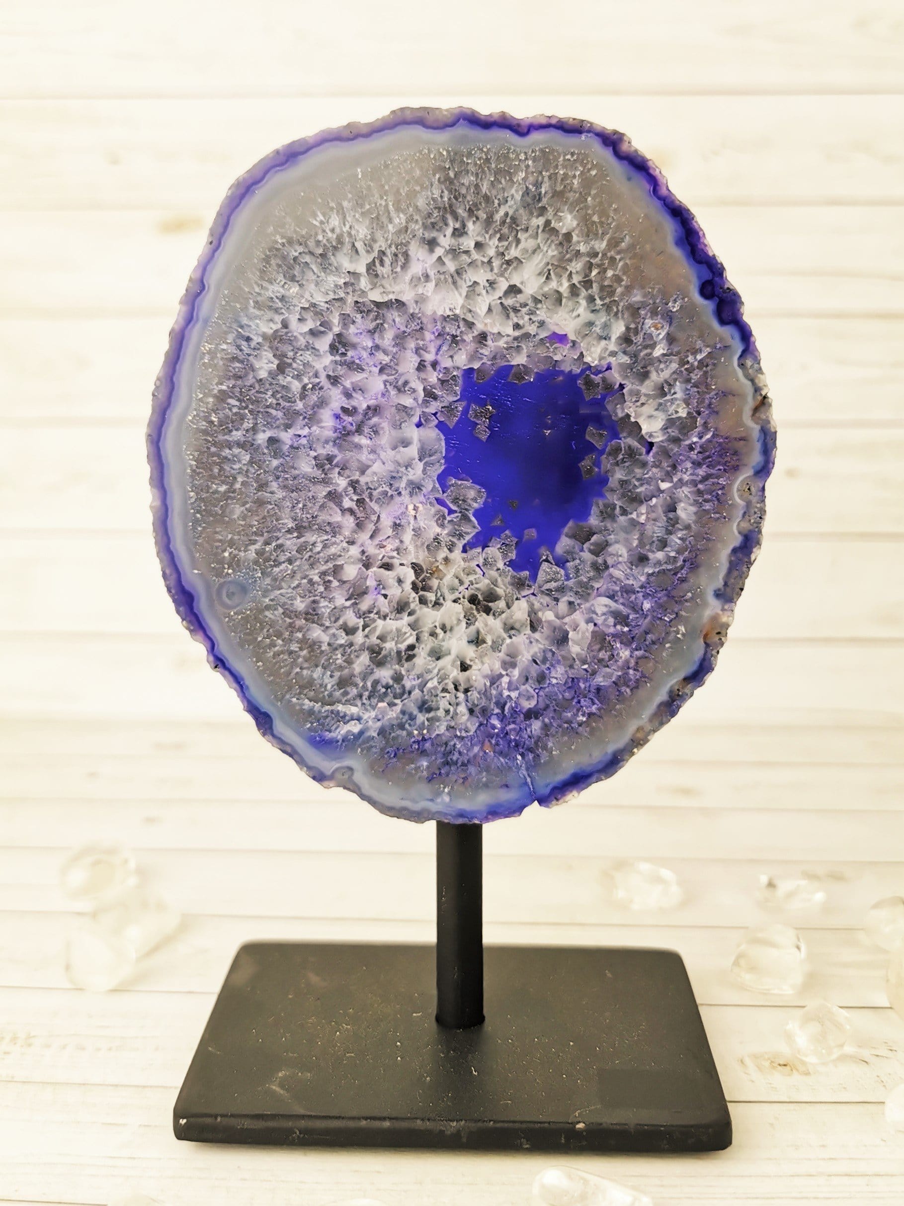 Natural Agate Crystal Specimens on Wooden Display Stands - Perfect for Home Decor, Office Feng Shui, and Mineral Collection Showcase