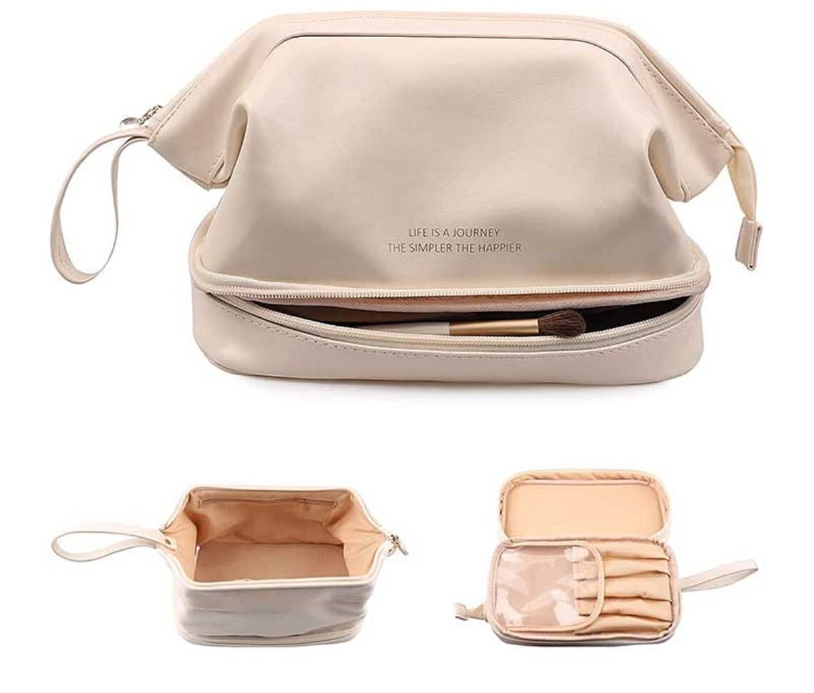 Whixant Large Waterproof Vegan Leather Makeup Bag for Women - Travel Cosmetic Organizer with Zipper Pouch, Toiletry Bag for Daily Use, Gym & Vacation (Multicolor)