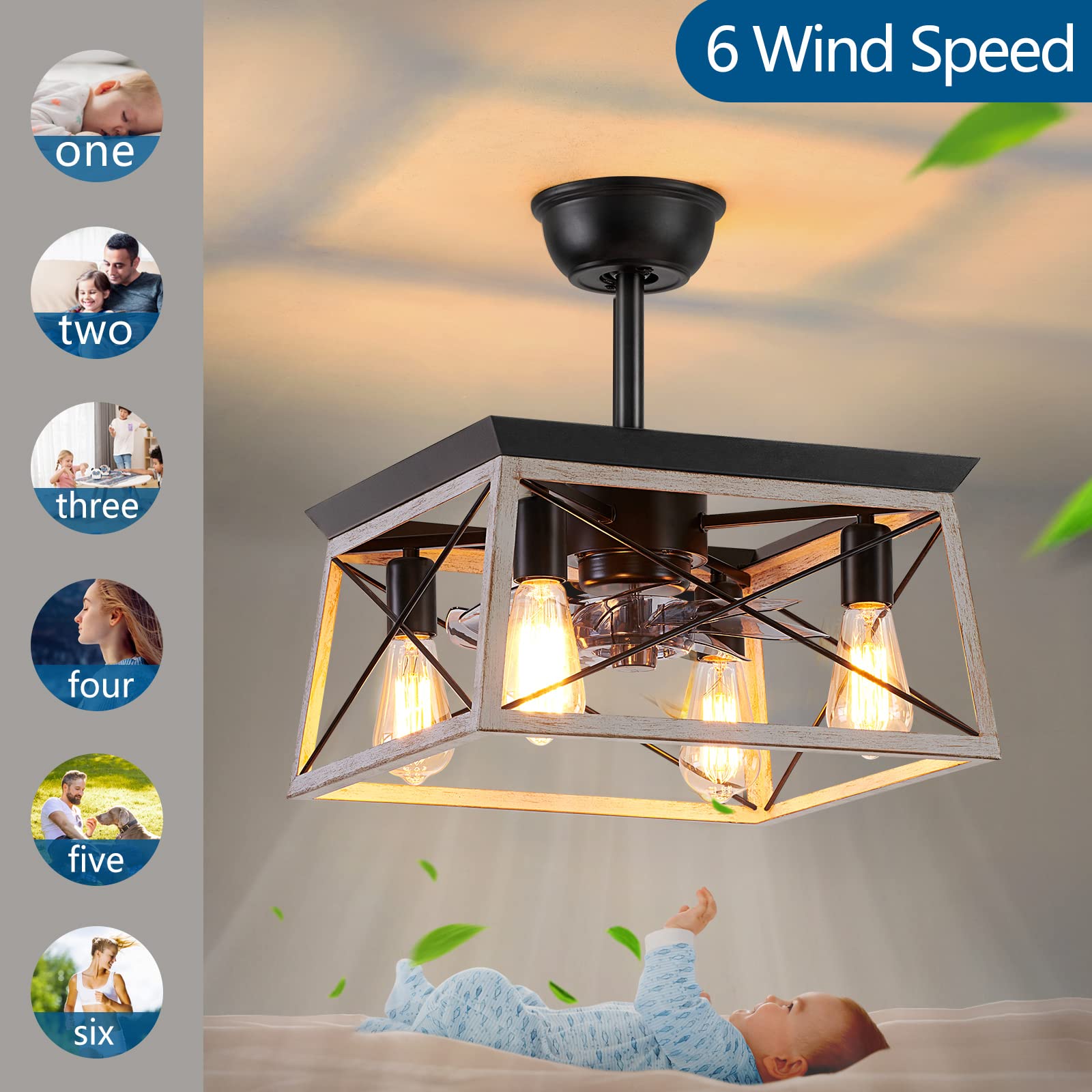 HuixuTe 52 Inch Smart Ceiling Fan with LED Light & Remote Control - 6 Speed Adjustable, Farmhouse Industrial Style, Rustic Cage Design - Perfect for Kitchen, Bedroom, Living Room & Outdoor Patio