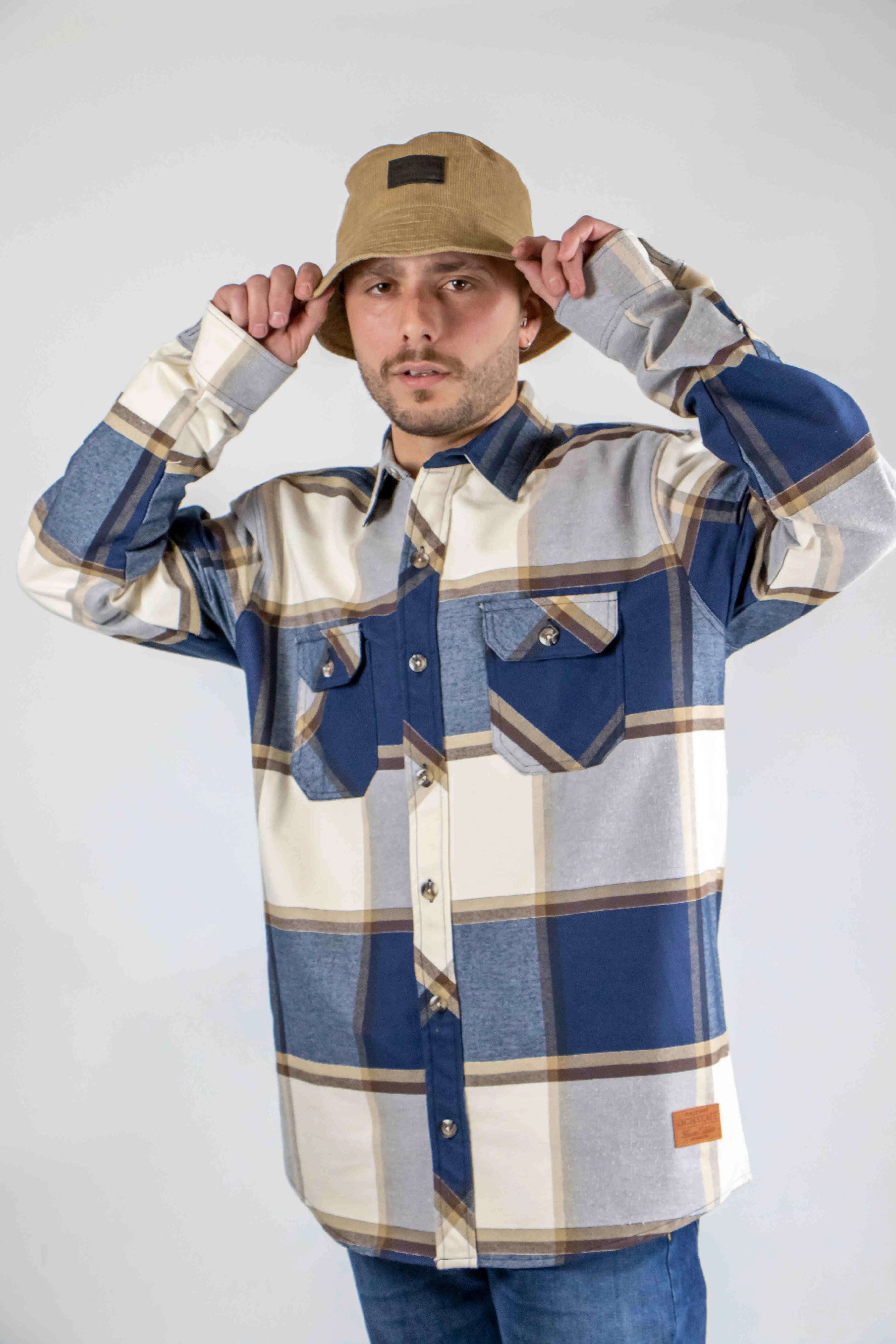 Ocn Zurich Blue Beige Brown Shirt - Men's Casual Button Down Shirt for Work, Travel & Everyday Wear