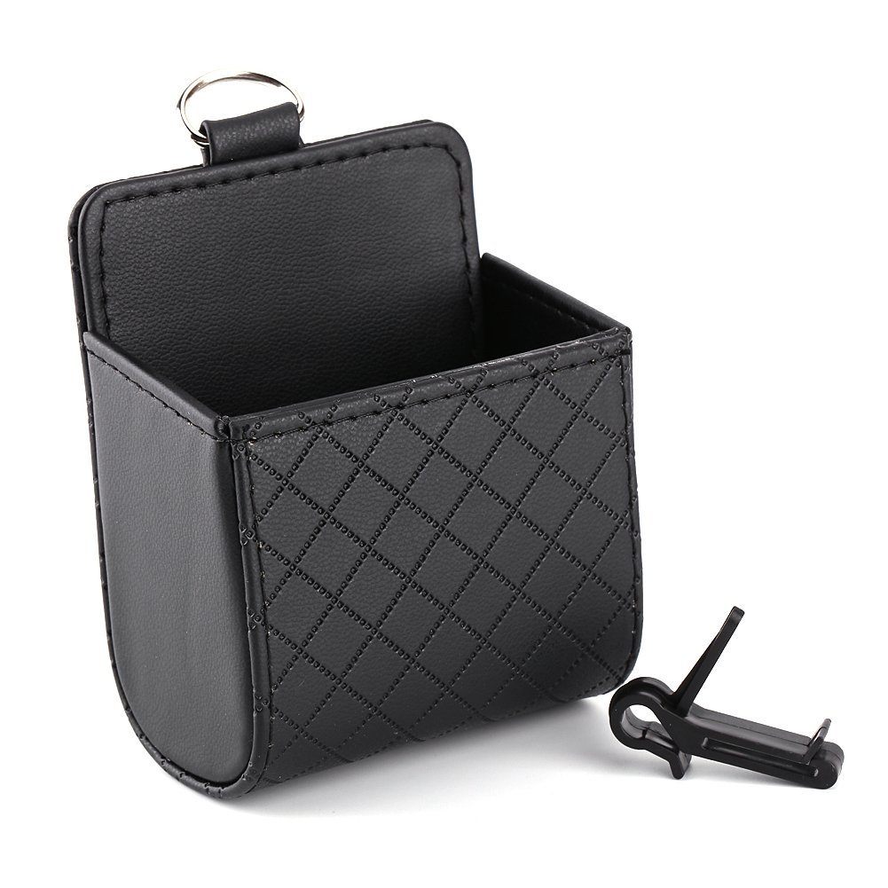 Qiilu Microfiber PU Leather Car Storage Organizer - Black Vent Outlet Phone Holder & Small Item Pocket for Car Accessories | Perfect for Road Trips, Commuting & Daily Car Organization