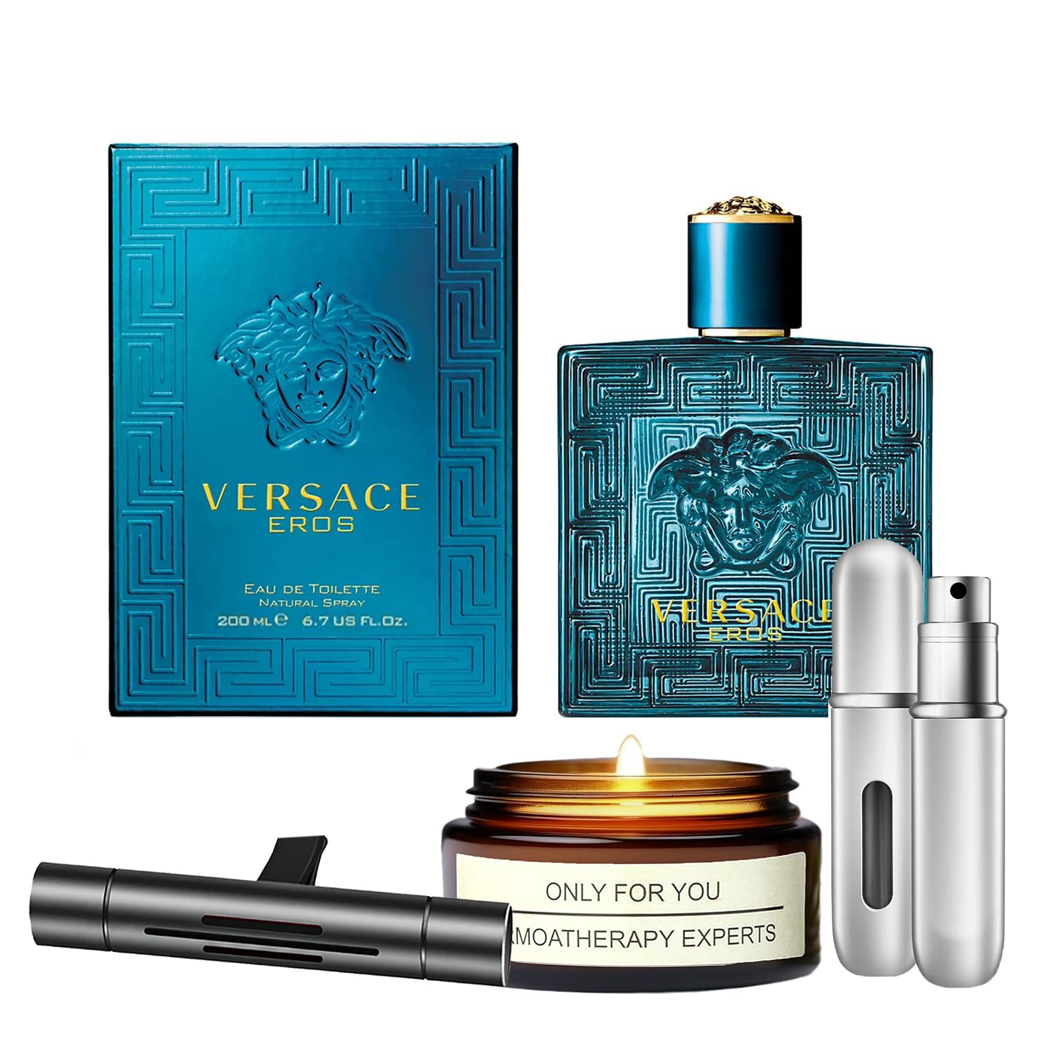 Eros Cologne for Men | 6.7 Oz EDT Spray Gift Set with Lavender Soy Candle, Car Air Fresheners & Travel Perfume Atomizer - Perfect Fragrance Kit for Gifts, Birthdays & Daily Use