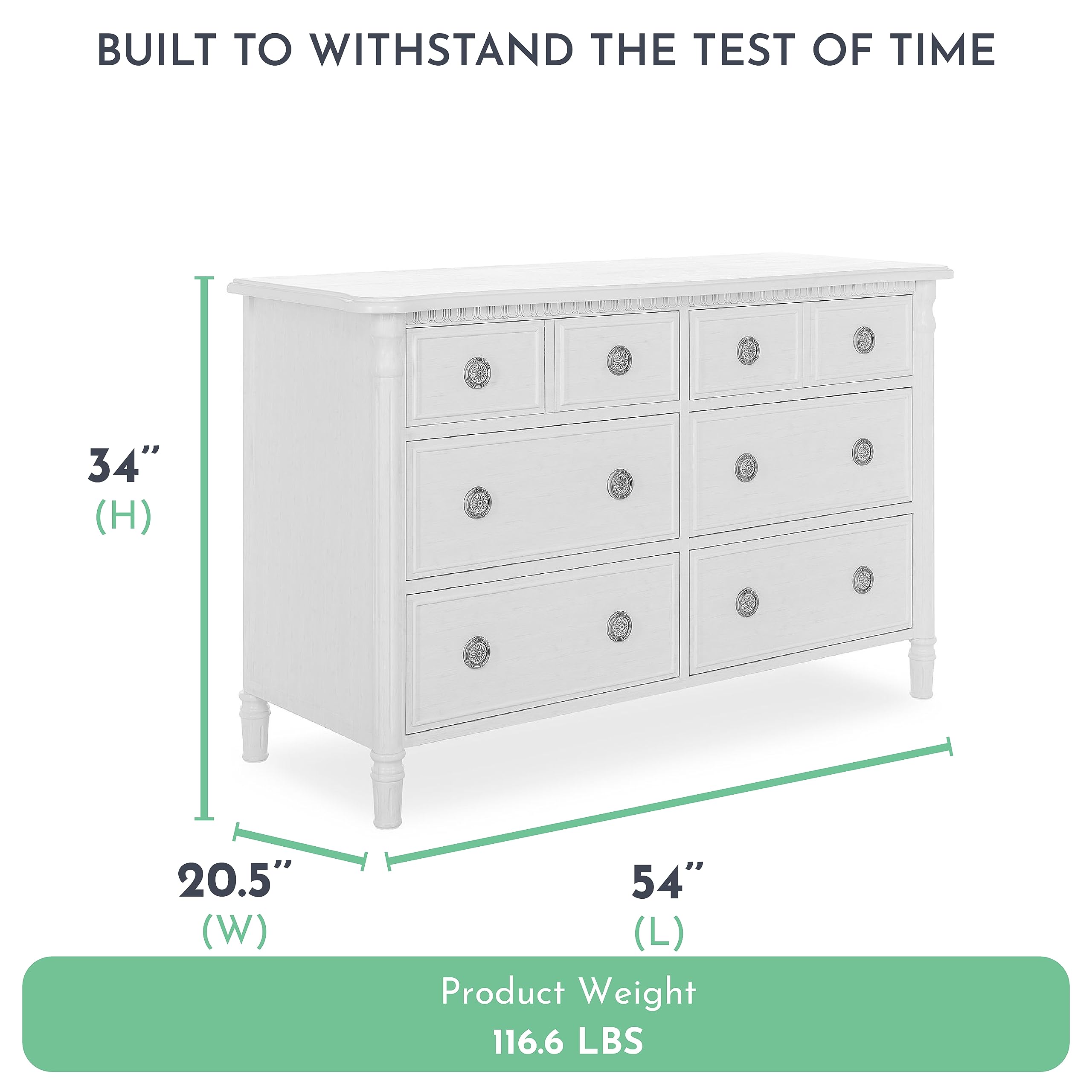 Evolur Julienne White Wooden Double Dresser with 6 Spacious Drawers & Anti-Tip Kit - Nursery & Bedroom Dresser for Baby Clothes, Toys & Storage | Modern Kids Furniture for Organization & Home Decor