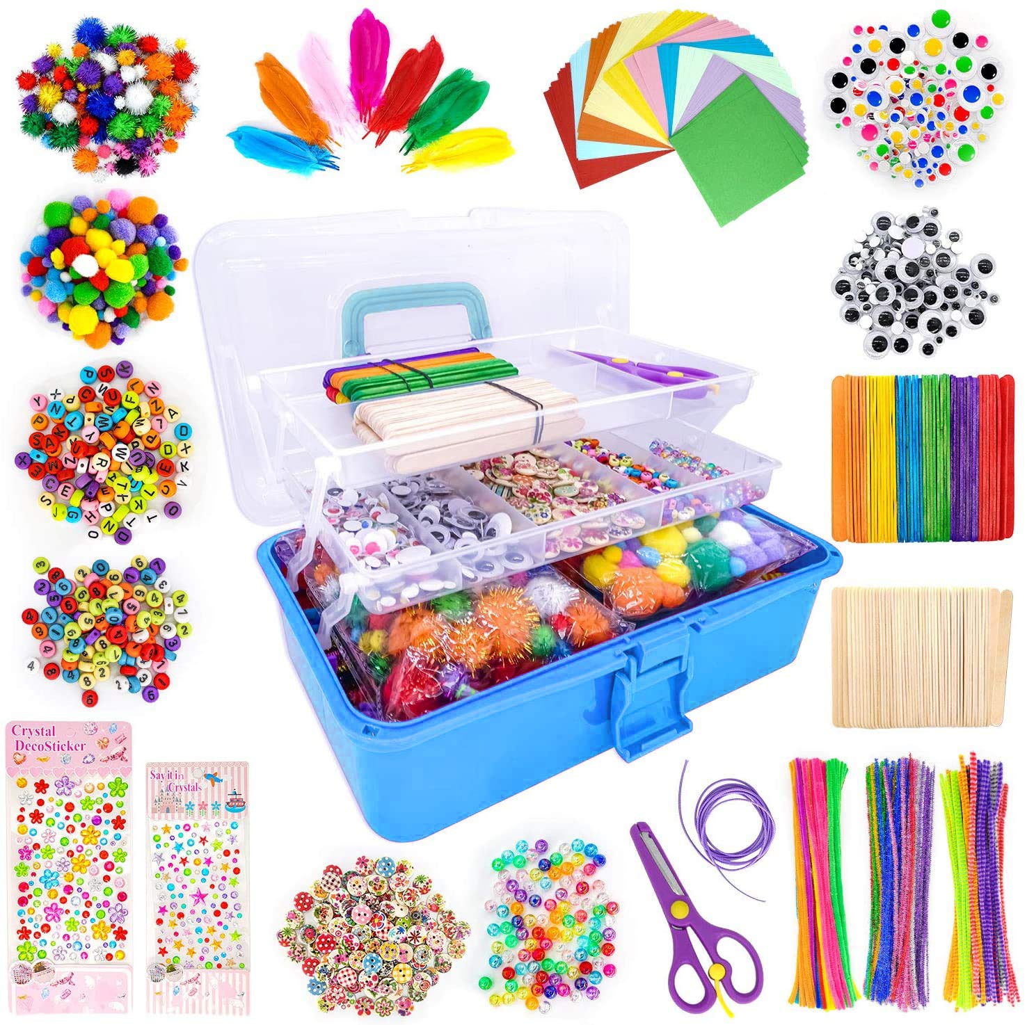 1405 Pcs Kids Arts and Crafts Supplies Kit - Pipe Cleaners, Pom Poms, Feathers, Storage Box for DIY Creative Projects | Perfect for Classroom, Birthday Party & Homeschool Activities (Blue)