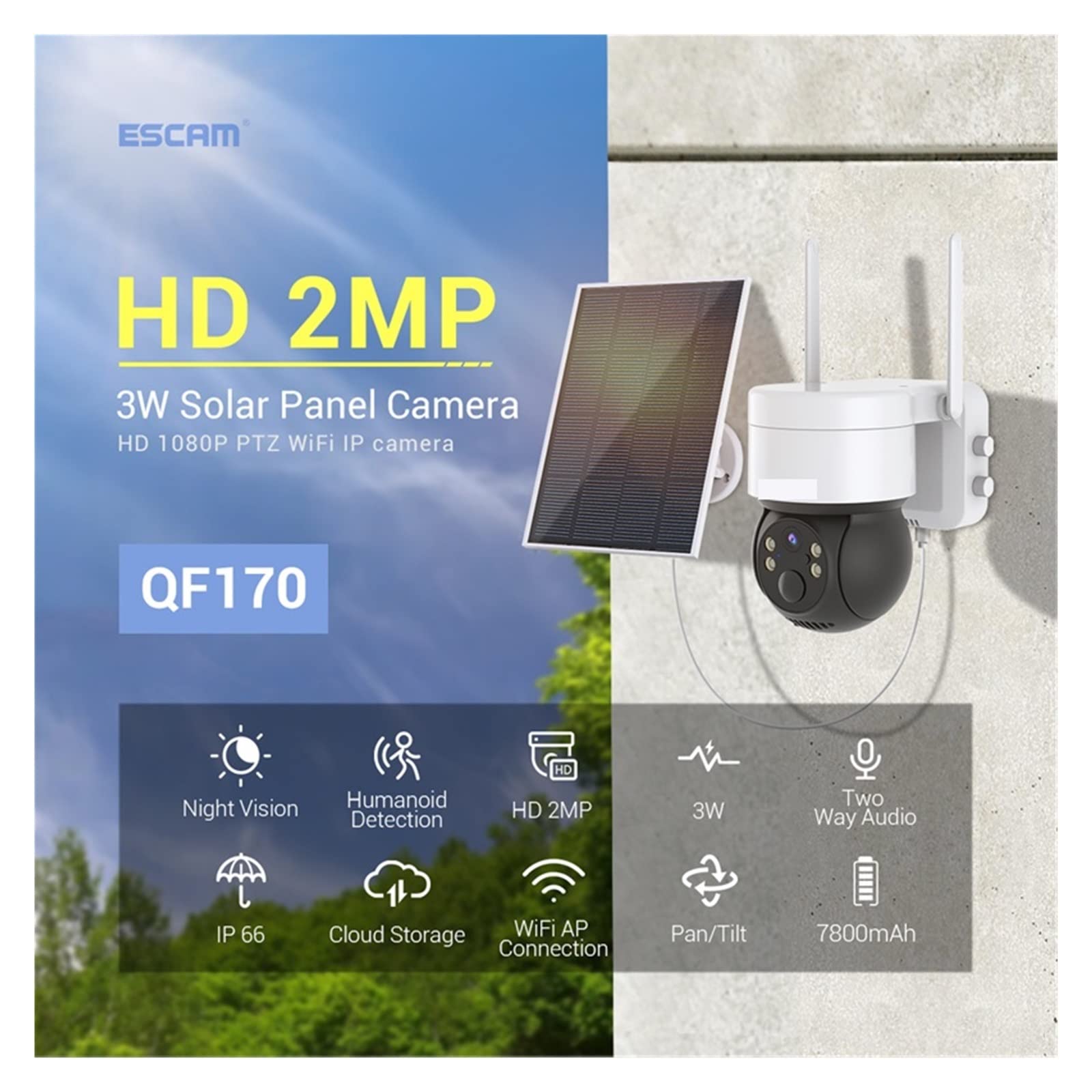 Solar Security Camera 1080P WiFi IP - Outdoor Night Vision with 64GB for Home & Garden