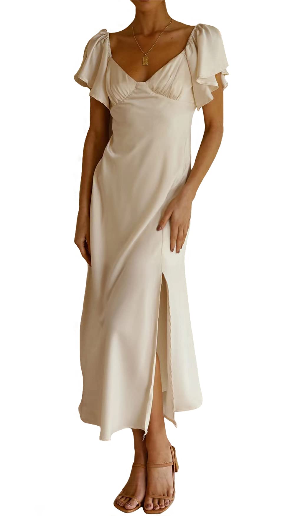 2025 Summer Women's Satin Off Shoulder Formal Dress - Elegant Butterfly Sleeve Cocktail Midi Dress for Wedding Guest, Prom & Special Occasions | Split Design for Comfort & Style
