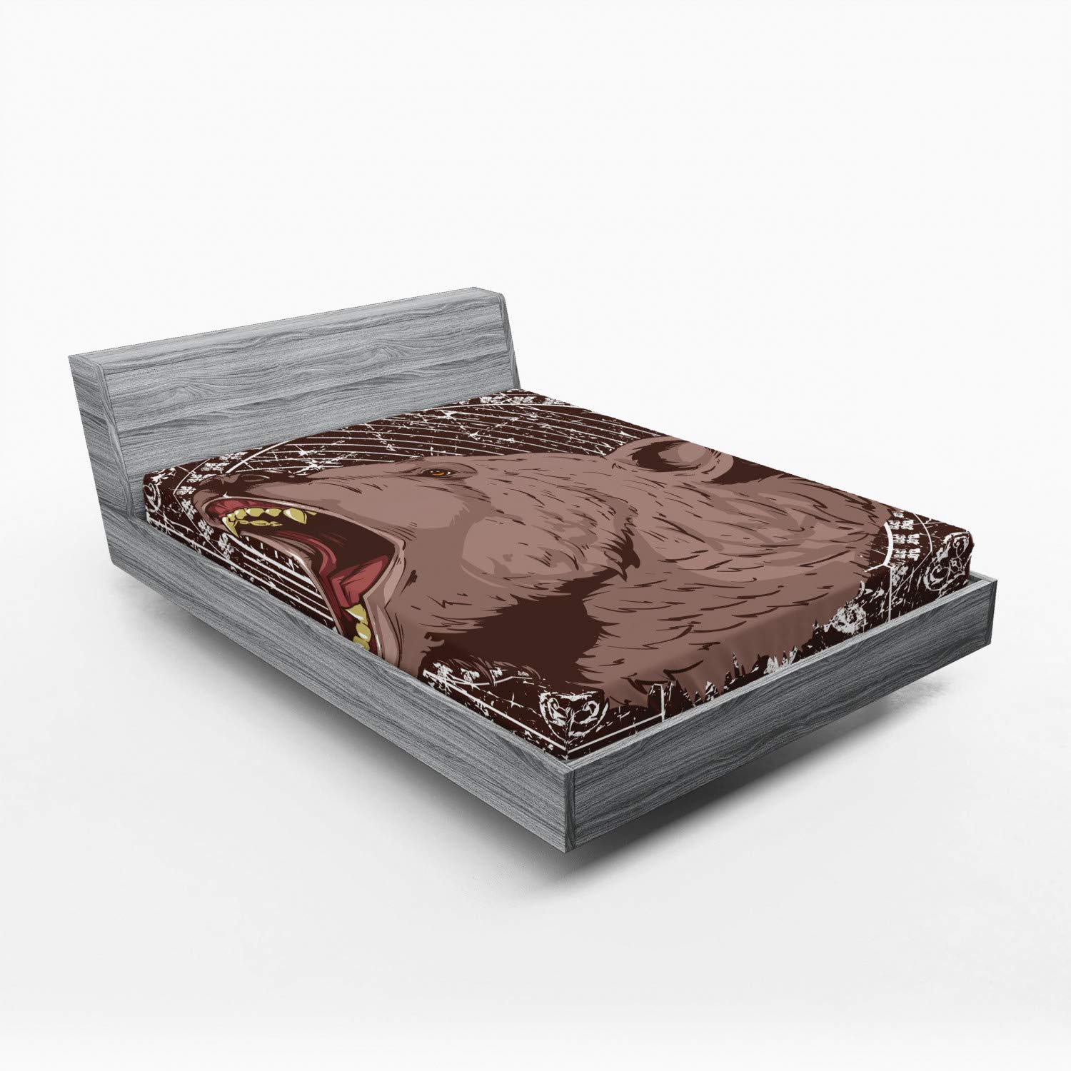 Ambesonne Grizzly Bear Print Fitted Sheet - King Size Deep Pocket Bed Cover with All-Around Elastic, Brown & White Animal Theme Bedding - Perfect for Wildlife Lovers' Bedrooms, Cabins, or Dorm Rooms