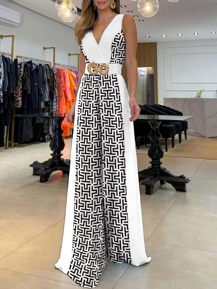 2023 Women's Geometric Print Wide Leg Jumpsuit - Fashion One Piece Outfit Without Belt, Casual Ropa Mujer (Free Shipping) | Perfect for Summer Vacations, Beach Outings & Casual Streetwear