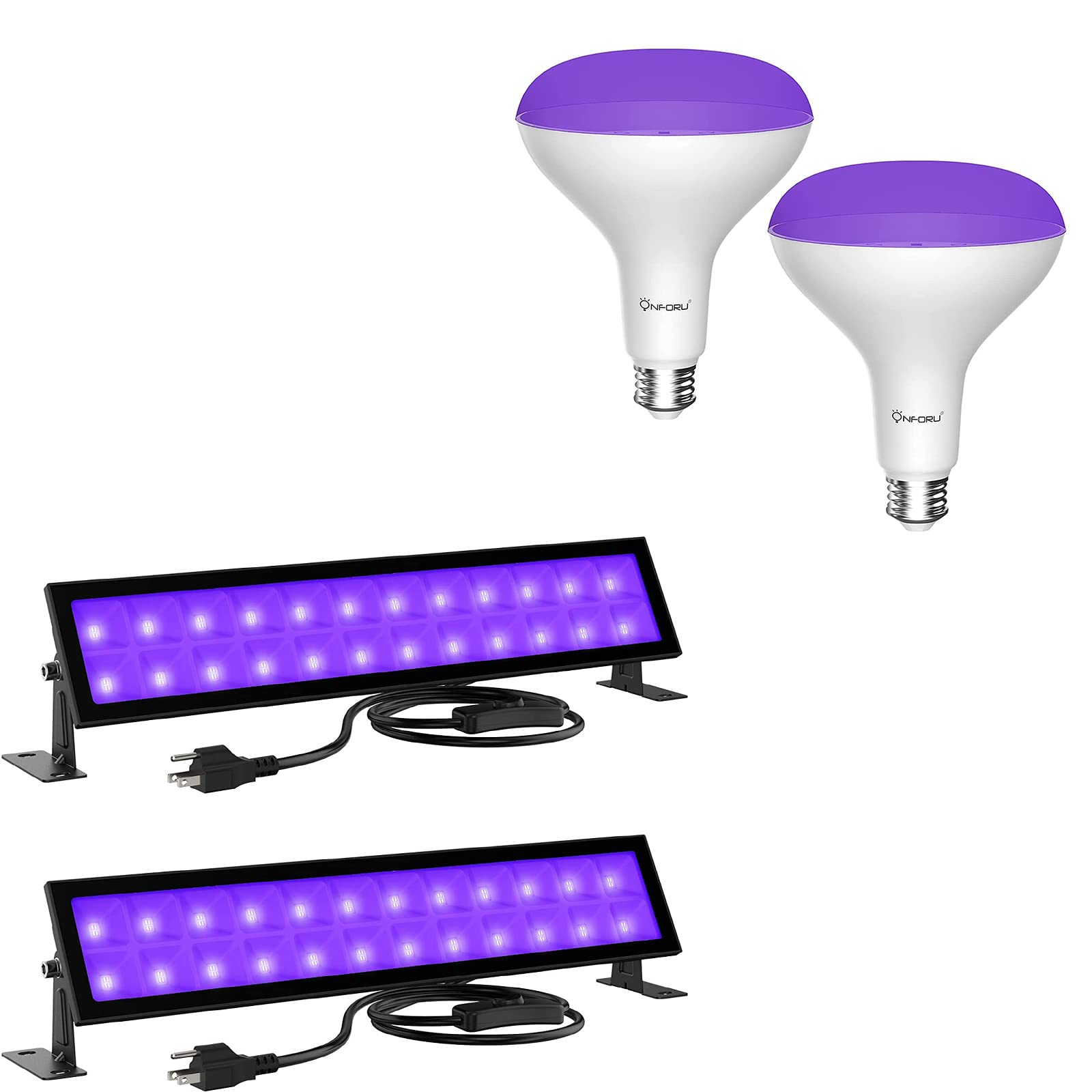 Onforu 2 Pack 120W Equivalent LED Black Light Bulb & 48W Black Light Bar with Plug & Switch - UV Blacklight for Glow Party, Body Paint, Fluorescent Posters, Birthday Decorations - Perfect for Halloween, Neon Parties & Home Disco Lighting