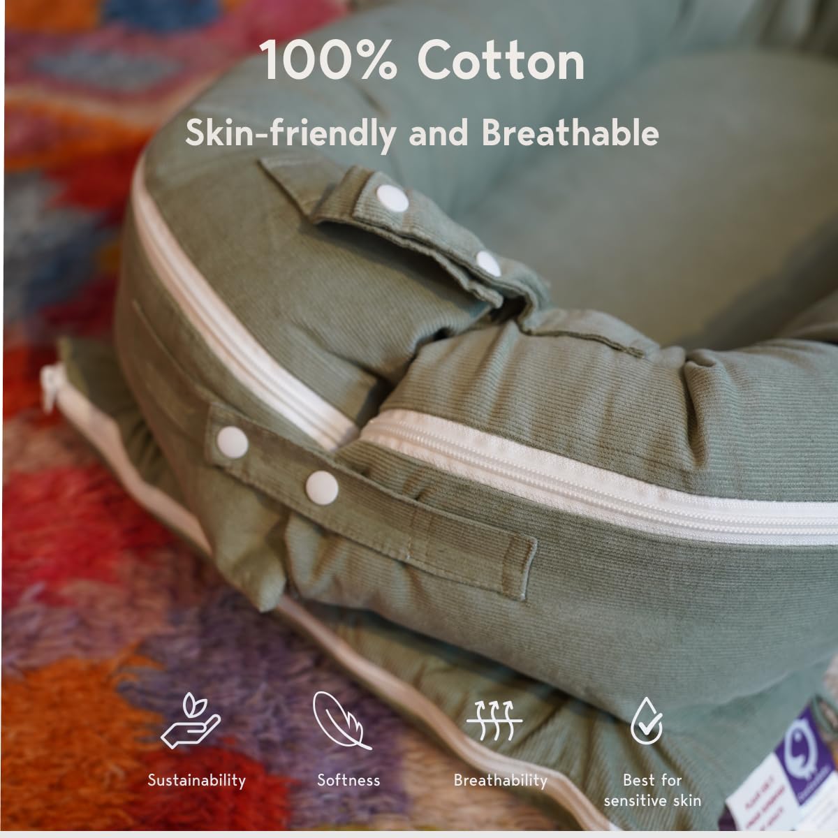 Premium Baby Lounger & Infant Nest Cover - 100% Cotton Portable Bassinet for Newborns 0-12 Months | Breathable & Cozy Sleeping Bed for Boys & Girls | Perfect for Nursery, Travel & On-the-Go Parents (Corduroy Cotton, Sage Green)