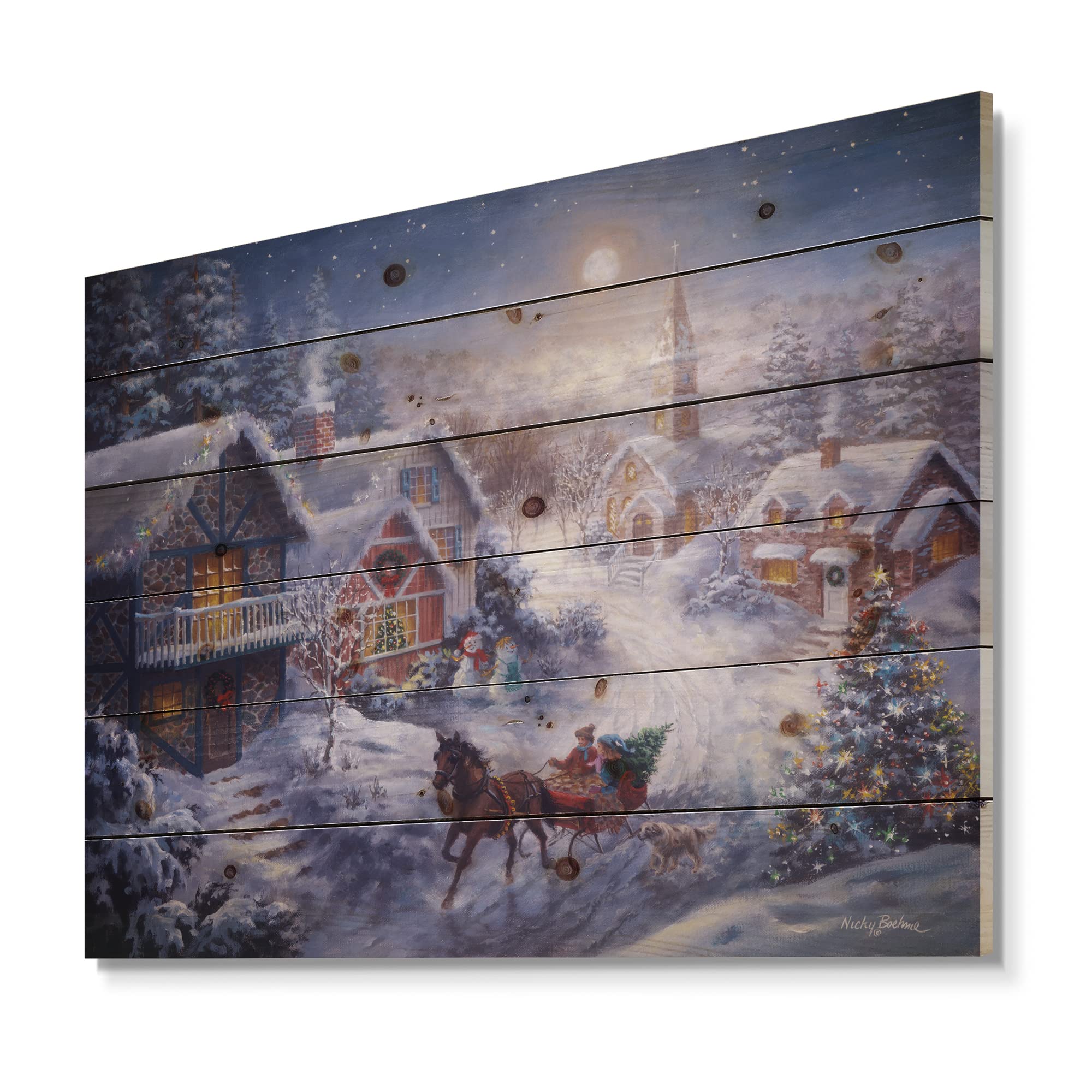 Full Moon Christmas Wood Wall Decor - Traditional Sleigh & Church Scene - Perfect for Holiday Home Decor