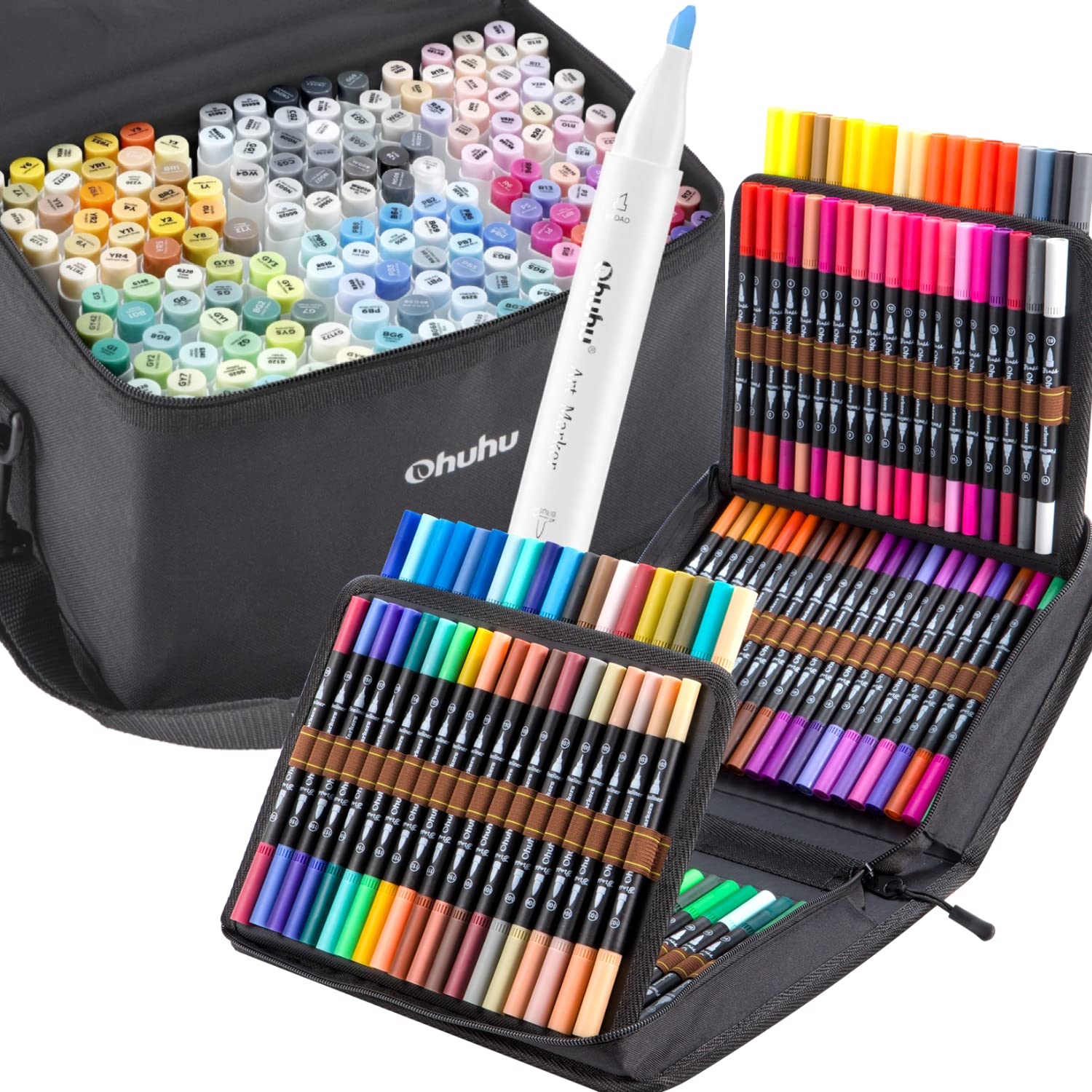 Ohuhu 120 Colors Dual Tip Brush & Fine Tip Markers + 168 Unique Alcohol-Based Markers with Chisel & Brush Tips - Perfect for Adult Coloring Books, Sketching, Bullet Journaling & Professional Art Projects