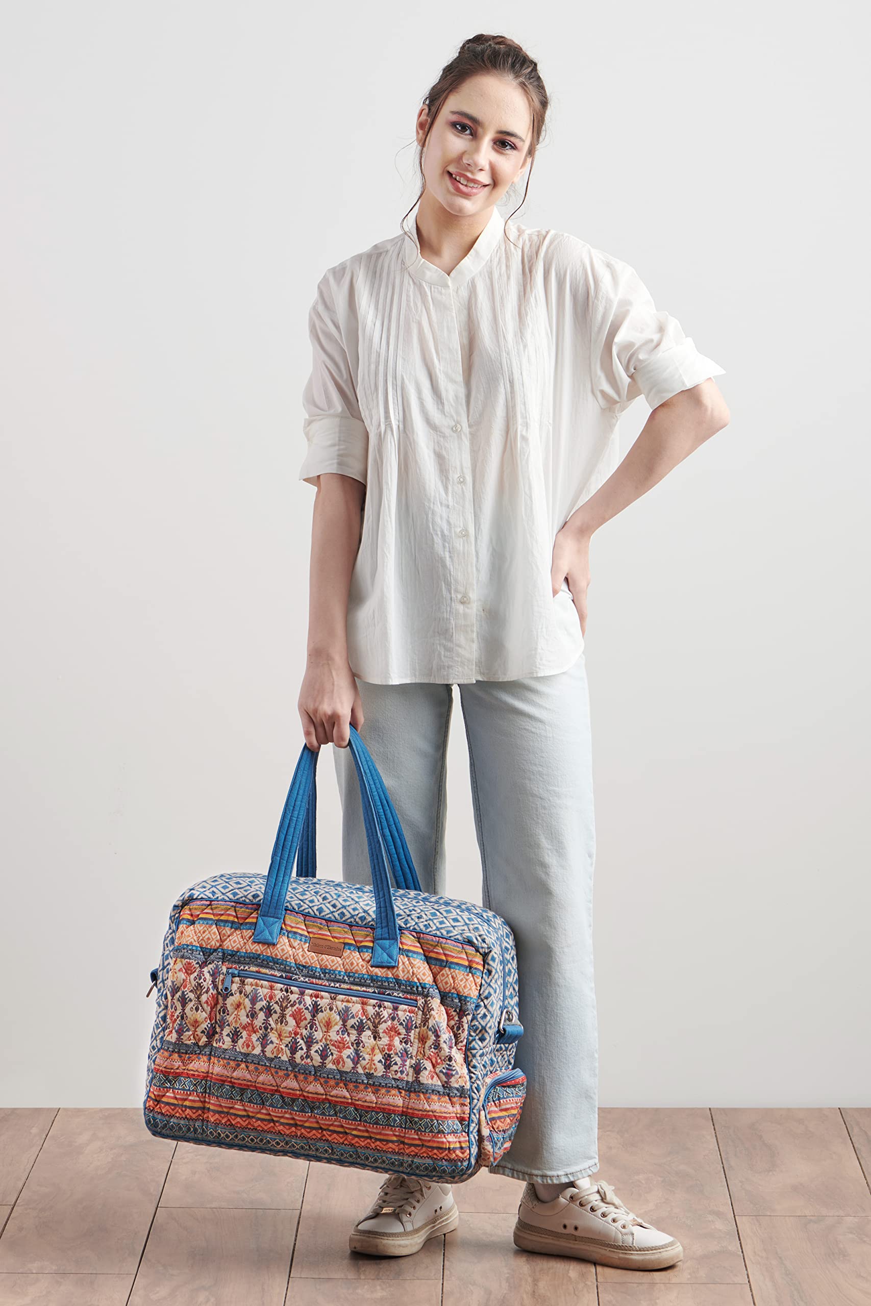 Maison d'Hermine Quilted Cotton Weekender Bag - Stylish Overnight Duffel for Travel, Gym & Business | Perfect Gift for Men & Women | Family Trip & Business Travel Essential | Ikat Pattern Design