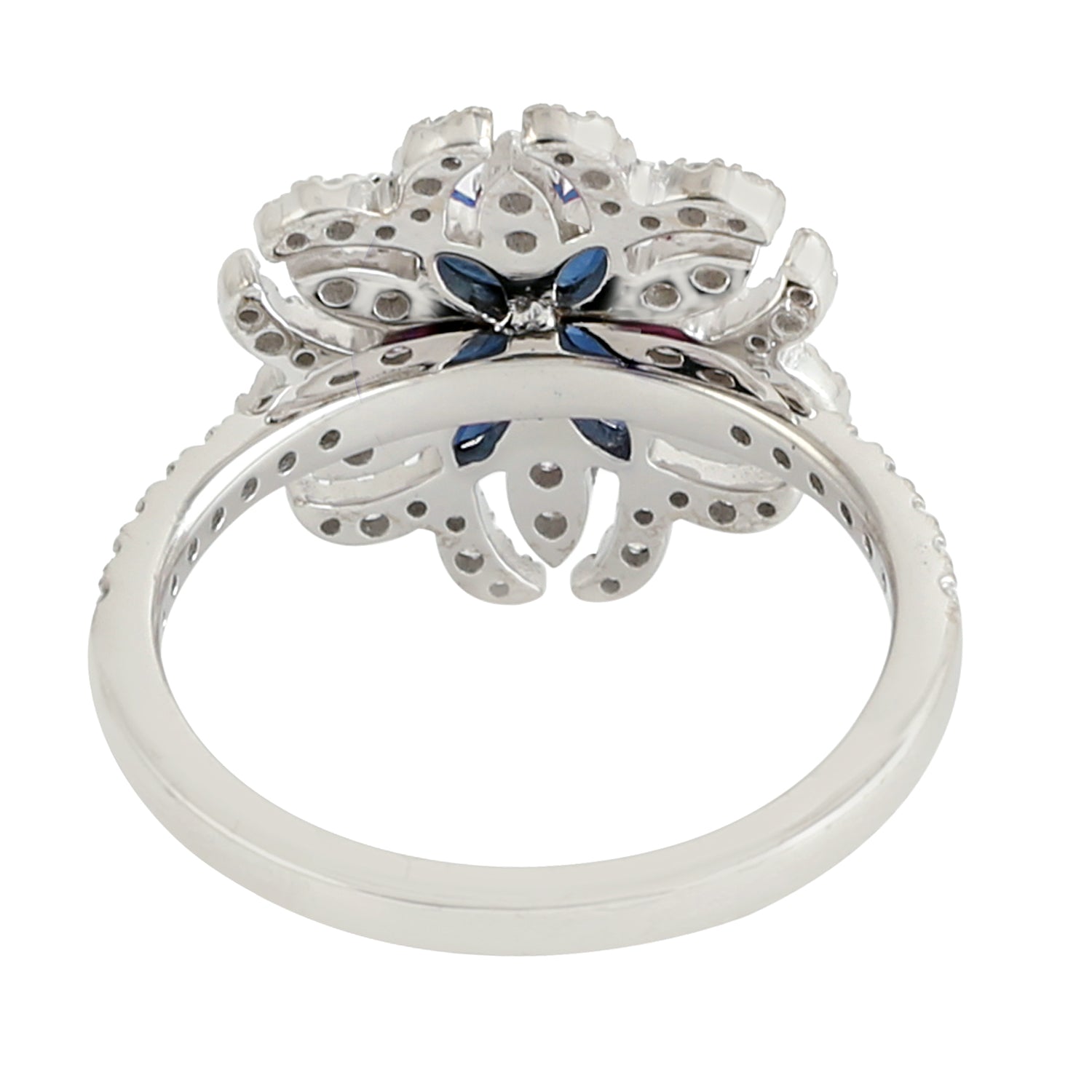 18K White Gold Marquise Cut Blue Sapphire Pave Diamond Daisy Ring - Elegant Bridal Jewelry, Engagement Gift, Anniversary Present for Her