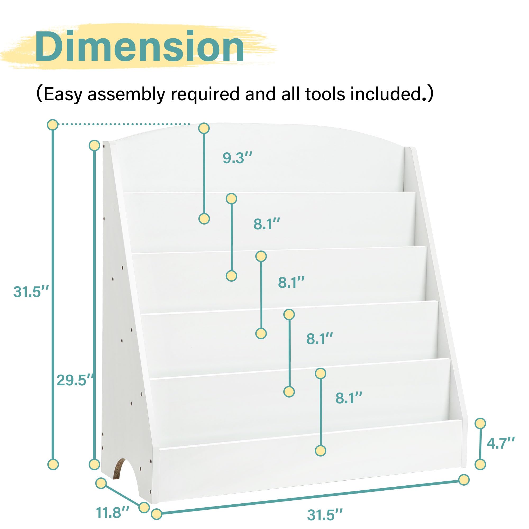 TOETOL 5-Tier Wooden Kids Bookshelf - Sturdy Toddler Book Display Organizer for Classroom, Playroom & Nursery - White Children's Book Storage Rack - Perfect for Daycare, Homeschool & Bedroom Reading Corner