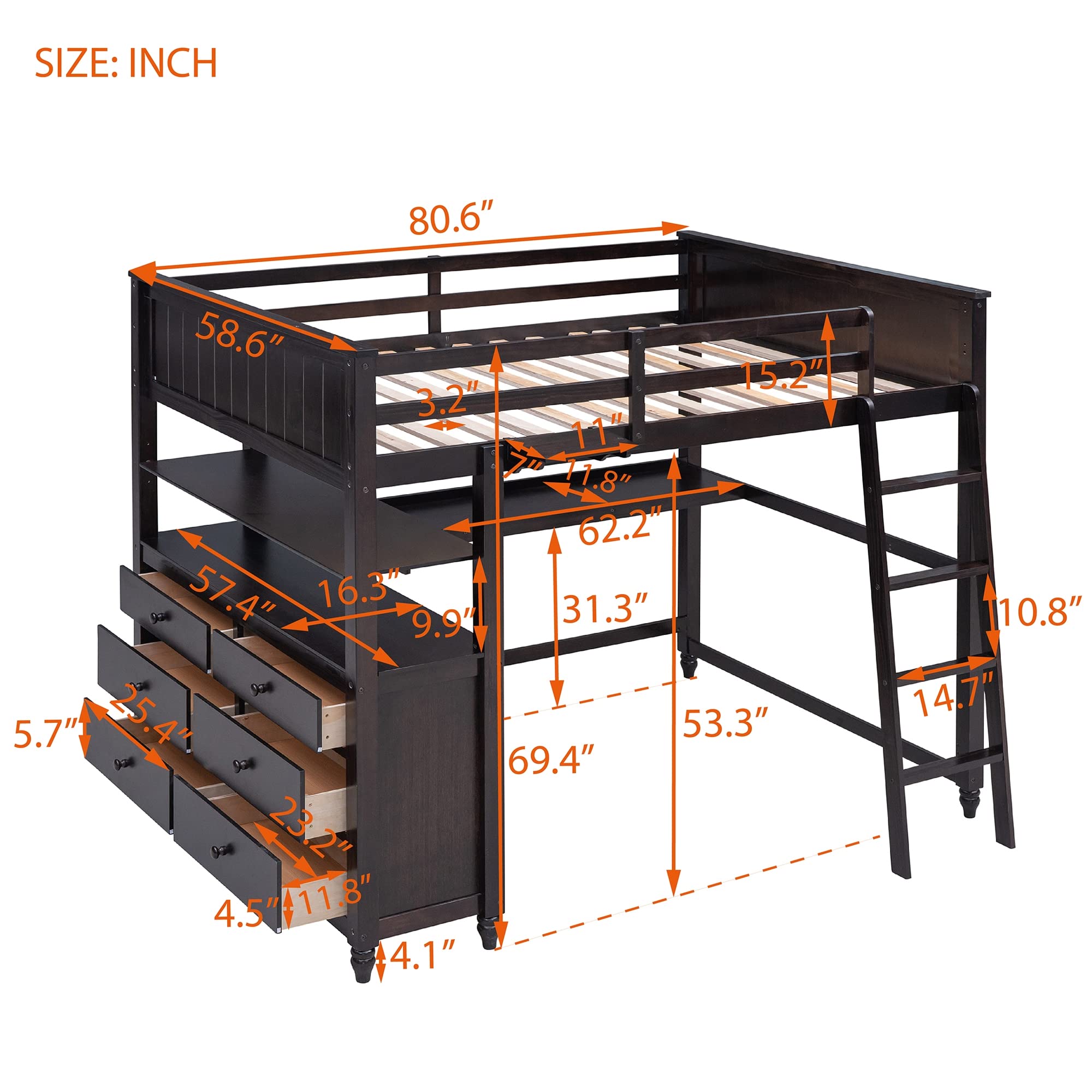 Full Size Loft Bed with Desk & Storage Drawers - Sturdy Wooden Loft Bed Frame with Ladder for Kids, Teens & Adults - Space-Saving Study & Sleep Solution for Small Rooms - Espresso Finish