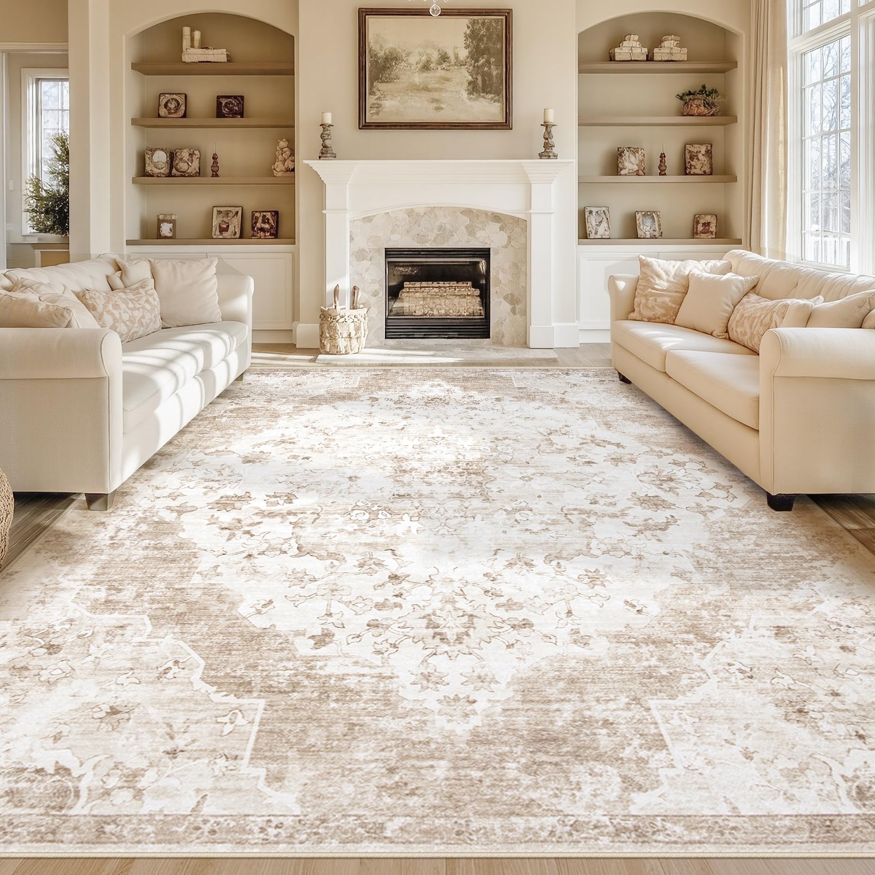 Vintage Beige 8x10 Washable Non-Slip Area Rug - Soft Low-Pile Indoor Carpet for Living Room, Bedroom, Dining Room & Home Office | Retro Style Floor Mat Perfect for Cozy Home Decor & High Traffic Areas