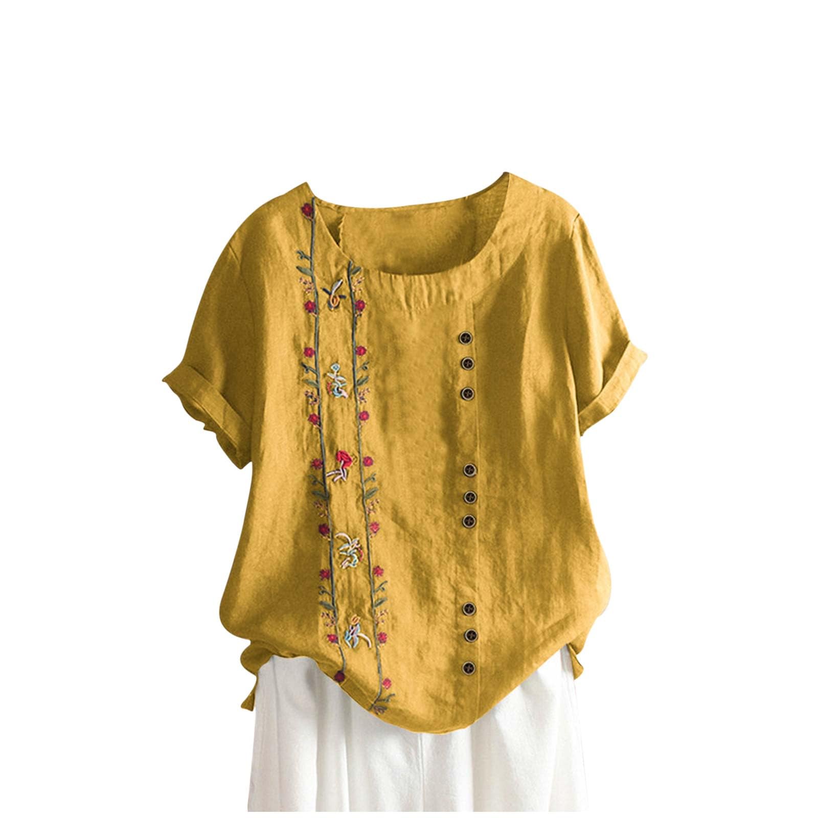 Women's Embroidered Cotton Linen Boho Peasant Blouse - Loose Fit Short Sleeve T-Shirt for Summer 2024 | Casual Comfort Top for Beach, Travel & Everyday Wear