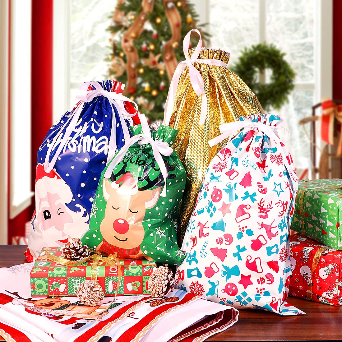 Christmas Drawstring Bag Set - 30PCS Assorted Holiday Party Favors & Treat Bags for Xmas Celebrations, Gift Giving, Stocking Stuffers & Classroom Rewards