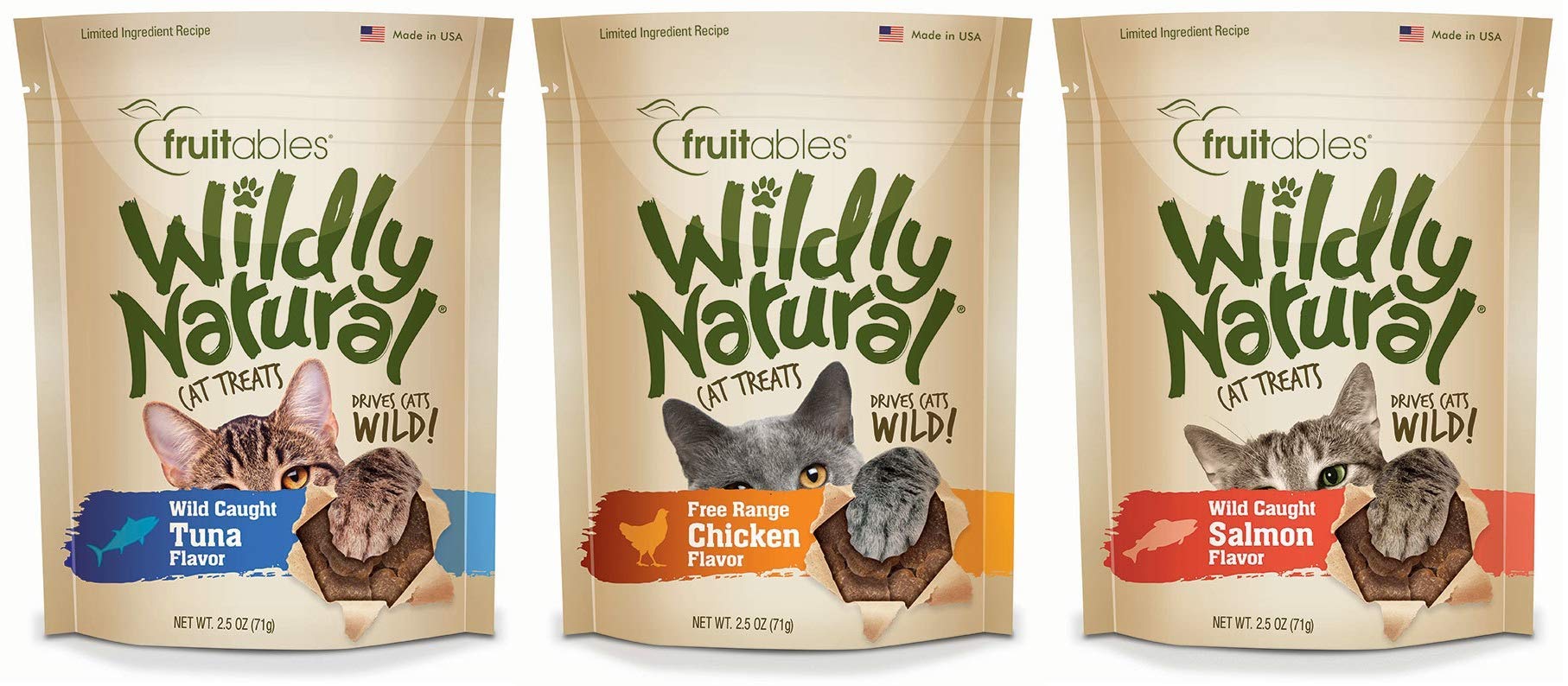Fruitables Wildly Natural Cat Treats Variety Pack - Wild Caught Tuna, Chicken & Salmon Flavors (2.5oz Each) | Grain-Free, Healthy Snacks for Indoor & Outdoor Cats | Perfect for Training Rewards and Bonding Time