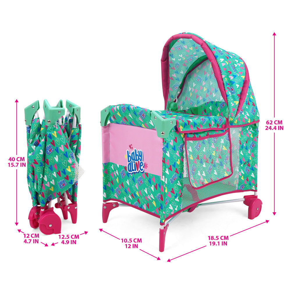 Baby Alive Deluxe Doll Play Yard with Canopy - Green & Pink Hearts Design for Toddlers | Indoor & Outdoor Pretend Play, Backyard Fun, Birthday Gift for Girls