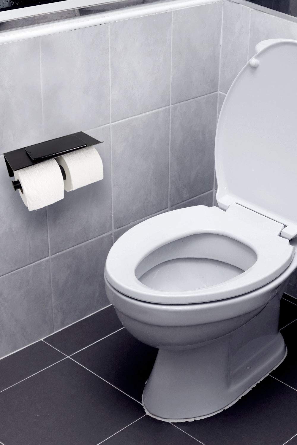 Modern Reversible Toilet Paper Holder with Phone Shelf - Oil Rubbed Bronze Double Roll Bathroom Organizer - Space Saving Design for Small Bathrooms, Powder Rooms & RVs