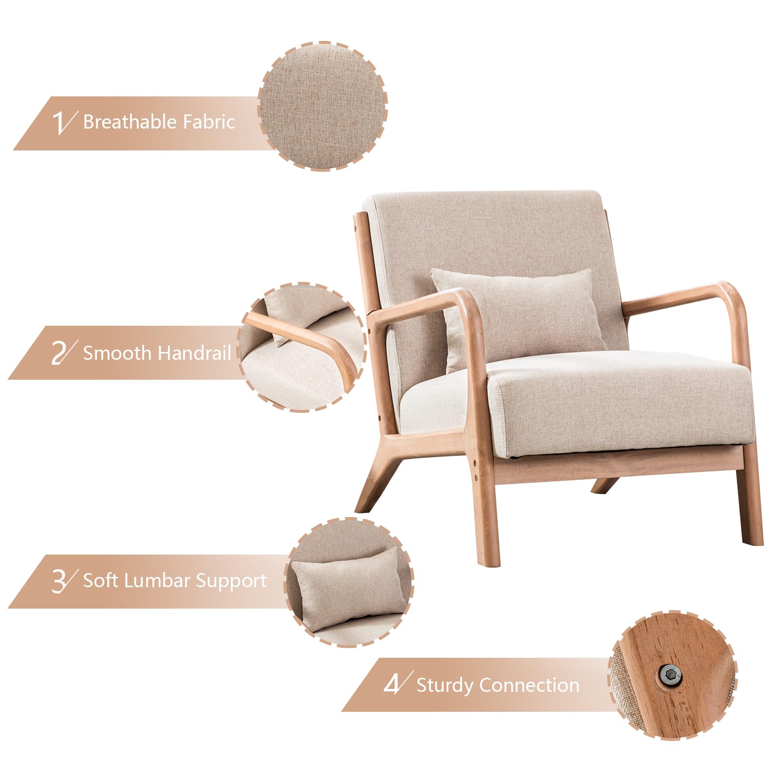 INZOY Mid Century Modern Accent Chair - Solid Wood Frame Upholstered Living Room Armchair with Removable Waist Cushion - Perfect for Bedroom, Sunroom, Reading Nook & Home Office (Beige)