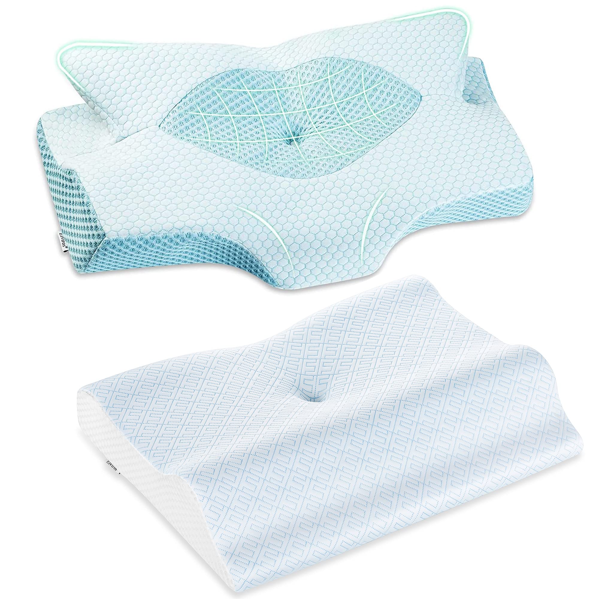 Elviros Cervical Memory Foam Pillow for Neck Pain Relief - Contour Pillow for Side, Back & Stomach Sleepers - Orthopedic Neck Support Pillow for Shoulder Pain - 2-in-1 Ergonomic Design (Blue) - Perfect for Home, Travel & Office Use