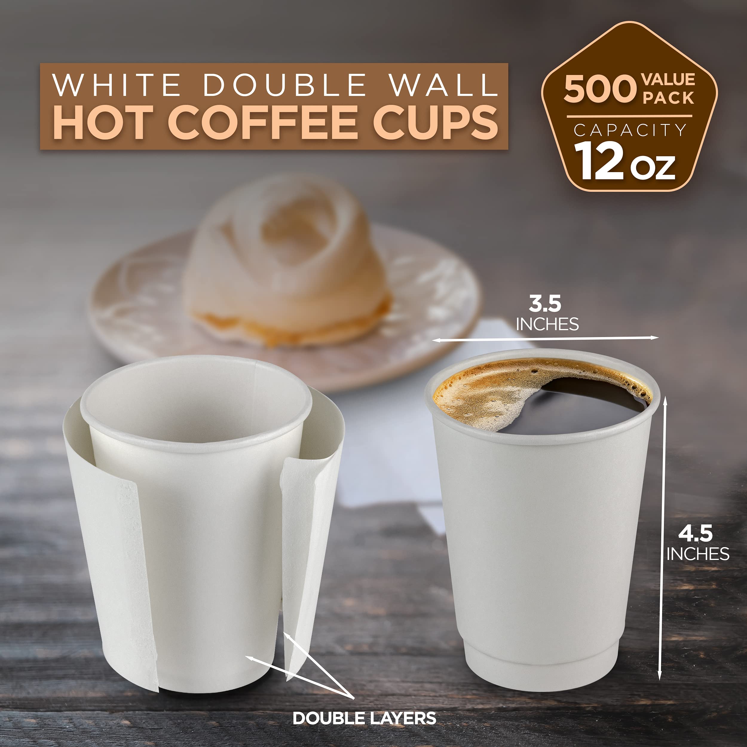 500 Pack 12oz White Disposable Coffee Cups - Double Wall Insulated Hot Beverage Cups for Coffee, Hot Chocolate & Tea | Sturdy Paper Travel Cups for Home, Office, Cafes & Takeout (Lids Not Included) | Perfect for Morning Coffee, Office Breaks & On-the-Go Drinks