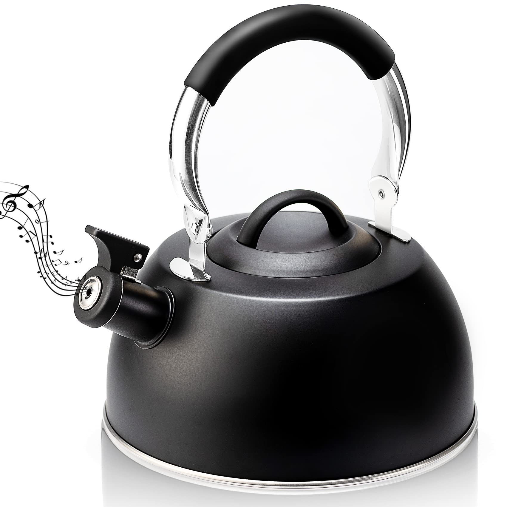 Suyika 3 Quart Stainless Steel Whistling Tea Kettle - Stovetop Safe with Cool Touch Ergonomic Handle - Perfect for Boiling Water, Making Tea, and Coffee - Ideal for Home, Office, and Camping Use - Black