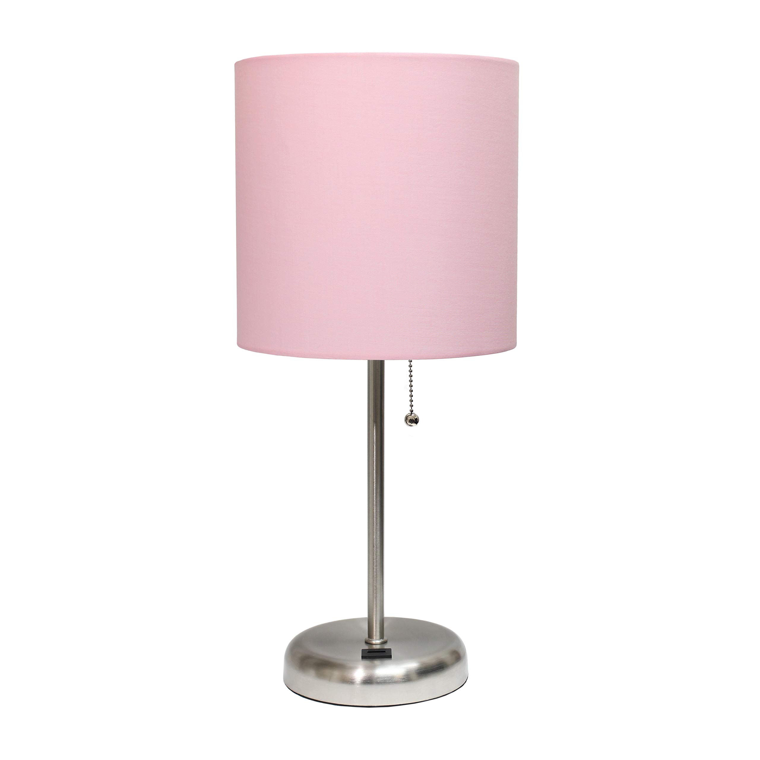 Simple Designs LT2044-LPK Brushed Steel Desk Lamp with USB Charging Port & Light Pink Drum Fabric Shade - Perfect for Home Office, Study, Bedroom Nightstand or Dorm Room Lighting
