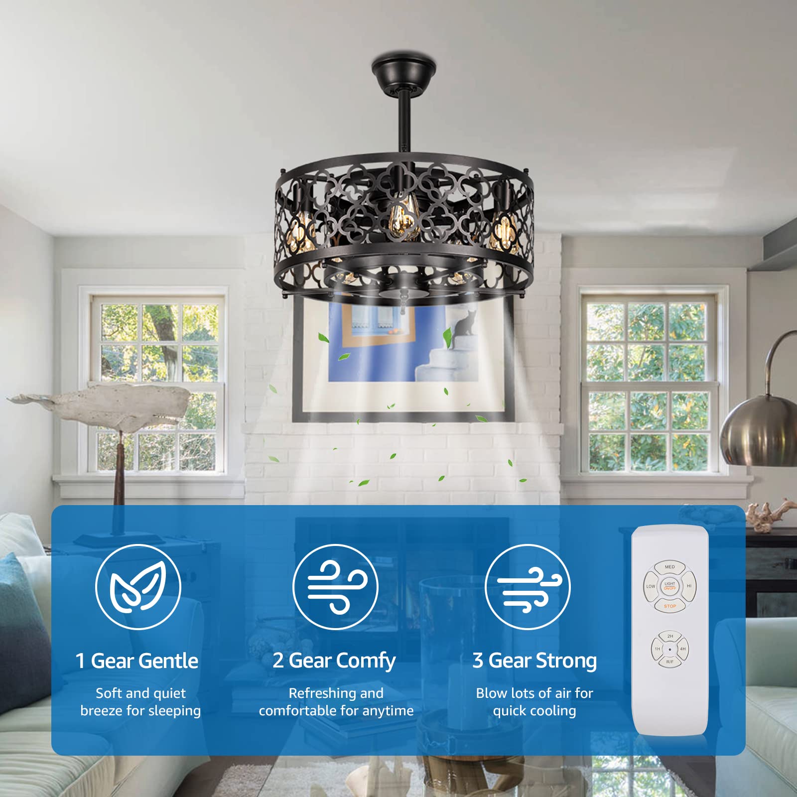**SUNVIE 21-inch Caged Ceiling Fan with Lights & Remote Control - Industrial Bladeless Enclosed Ceiling Fan with Reversible Motor, 5 E26 Base (No Bulb Included) - Perfect for Bedroom, Kitchen, Living Room, Office & Patio**