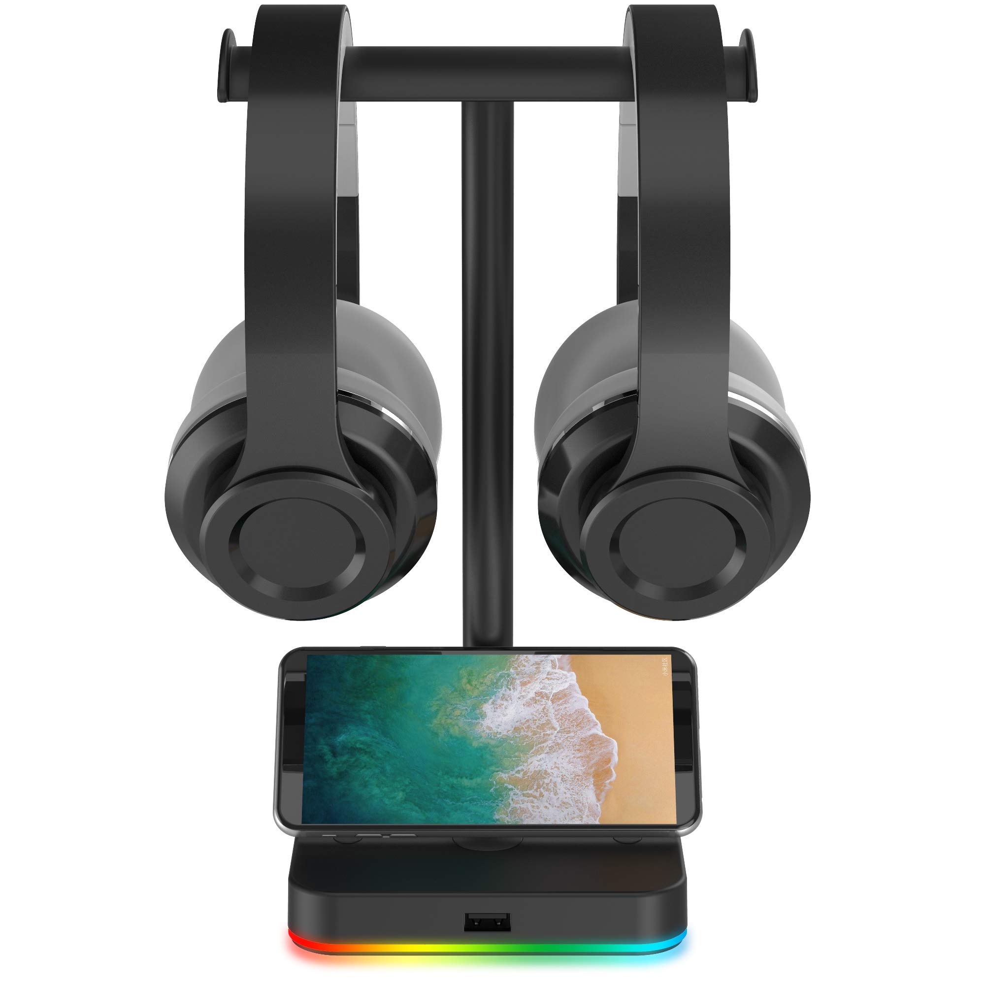 RGB Dual Headphone Stand with USB Hub - KAFRI Gaming Headset Holder with 1 USB 2.0 Port & Charging Cable - Perfect for Gaming Setup, Office Desk & Home Workstation Organization