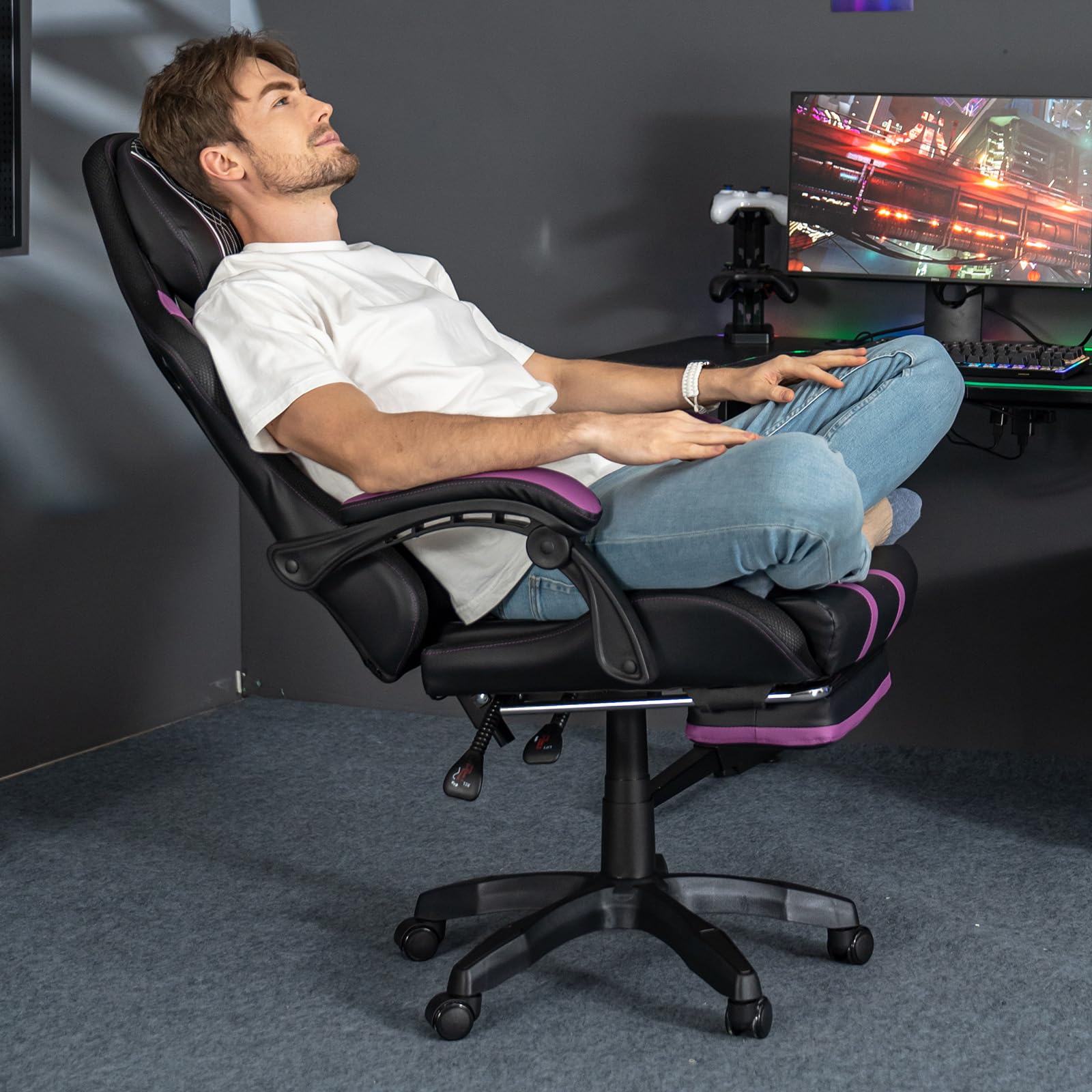 HOFFREE Big and Tall Gaming Chair with Bluetooth Speakers, Massage, Footrest - 400lbs Capacity Reclining High Back Office Computer Desk Chair (Purple & Black) - Perfect for Gaming, Work, and Home Office Use