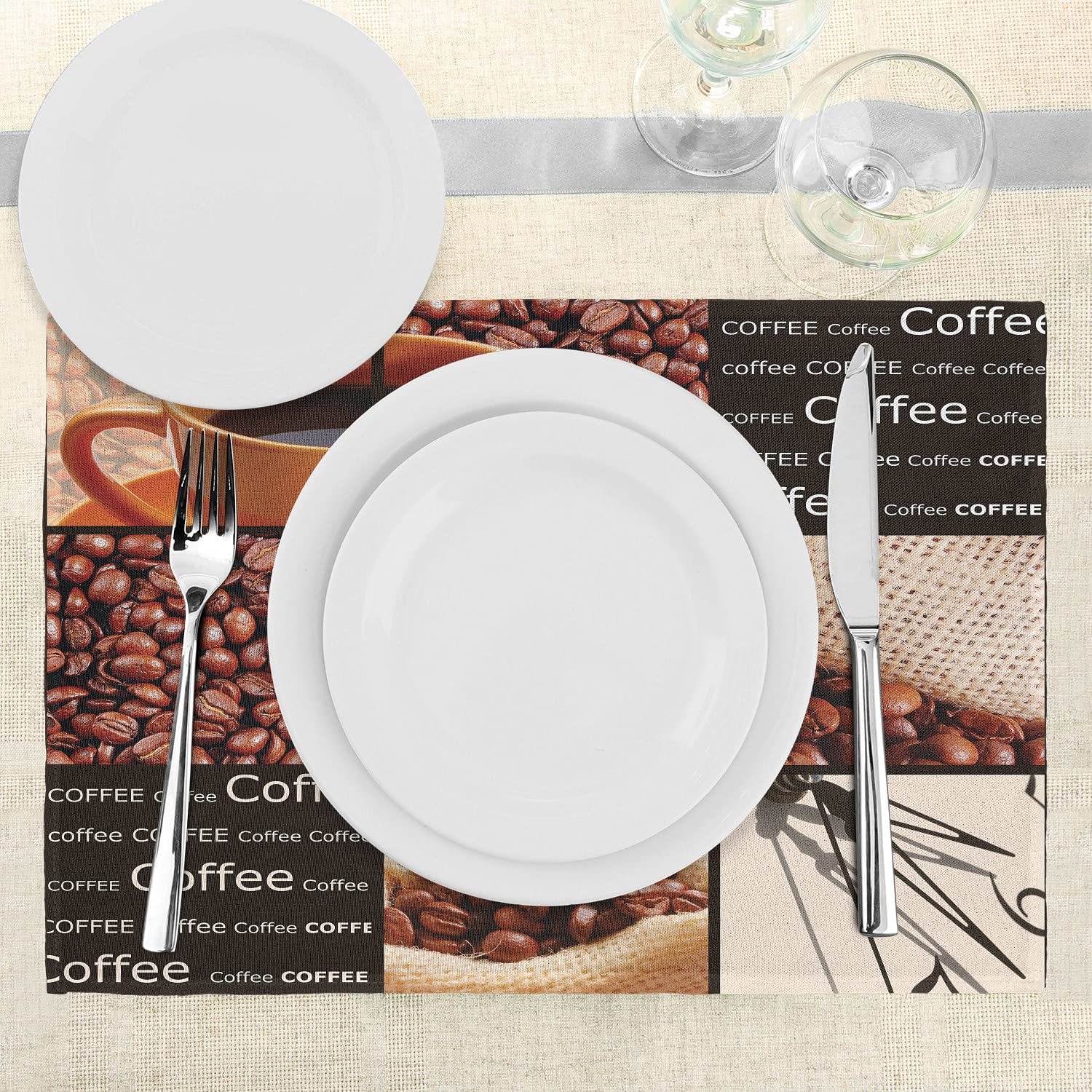 Ambesonne 4-Pack Square Coffee Place Mats Set - Orange Cup Hot Beverage Collage Design, Washable Fabric Dining Table Placemats, Standard Size (Dark Brown/Orange/Beige) - Perfect for Morning Coffee, Breakfast Nook, and Kitchen Decor