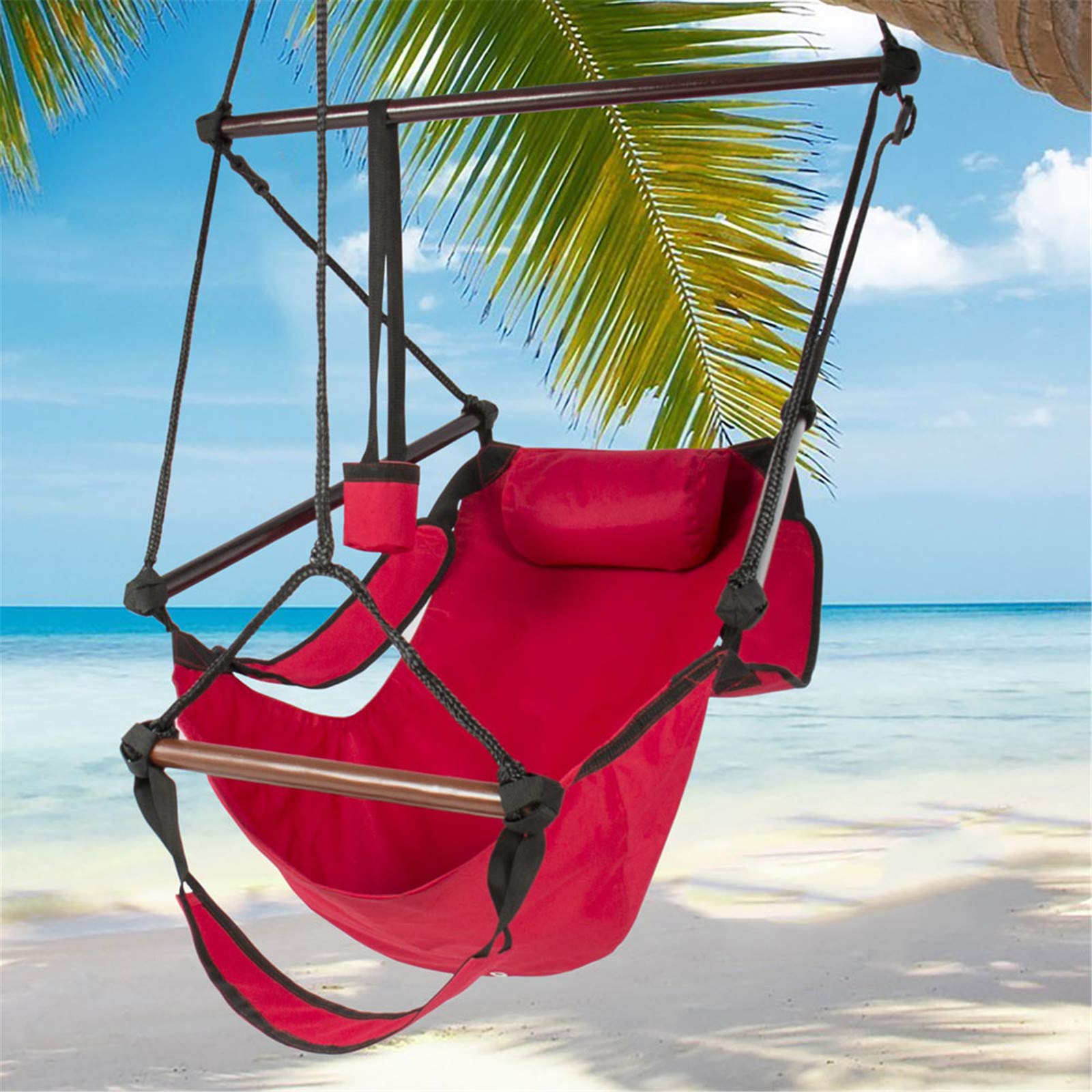 Comfortable & Durable Cotton Canvas Hammock Chair Swing - Indoor/Outdoor Hanging Seat for Bedroom, Patio, Garden, Yard, Deck - Perfect for Relaxing, Reading & Lounging (Red)