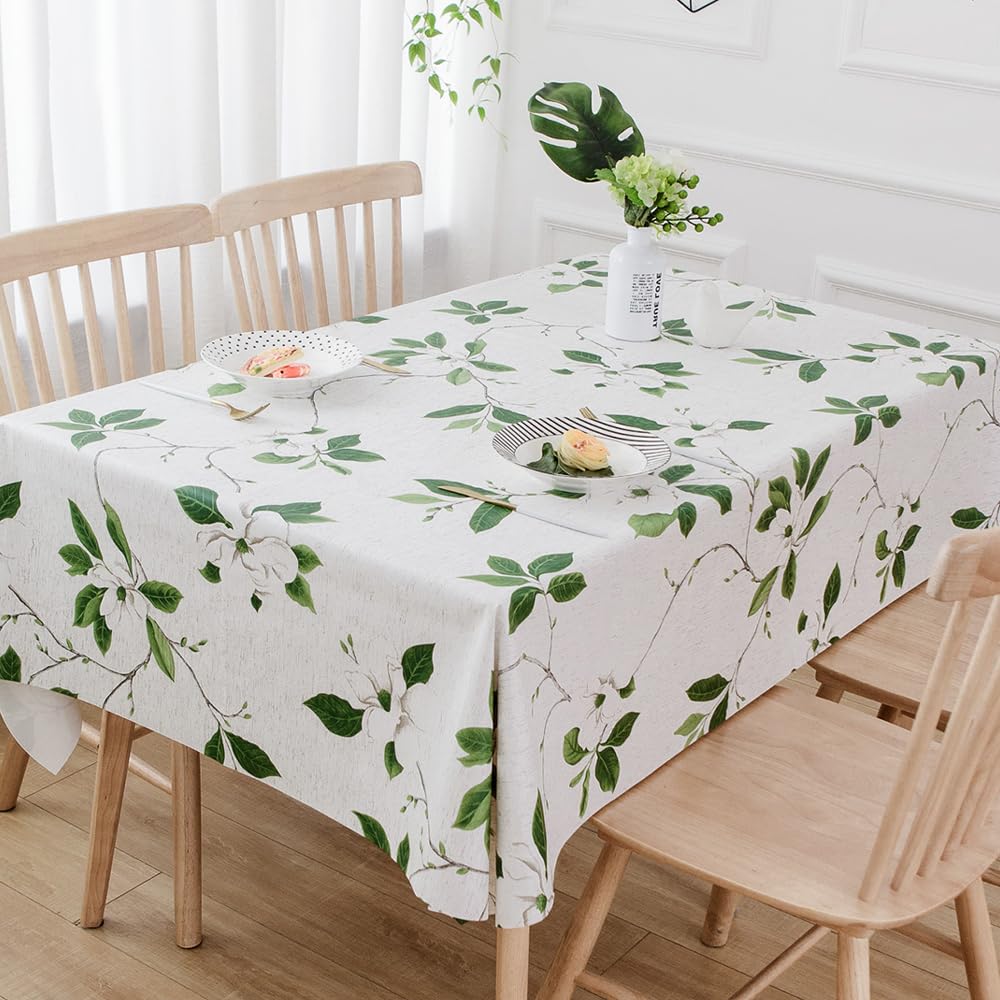 TruDelve Heavy Duty Vinyl Tablecloth - 54x54 Inch Waterproof PVC Table Cover for Kitchen & Dining - Wipeable Green Leaves Design - Perfect for Indoor/Outdoor Use, Parties, Picnics & Daily Dining Protection
