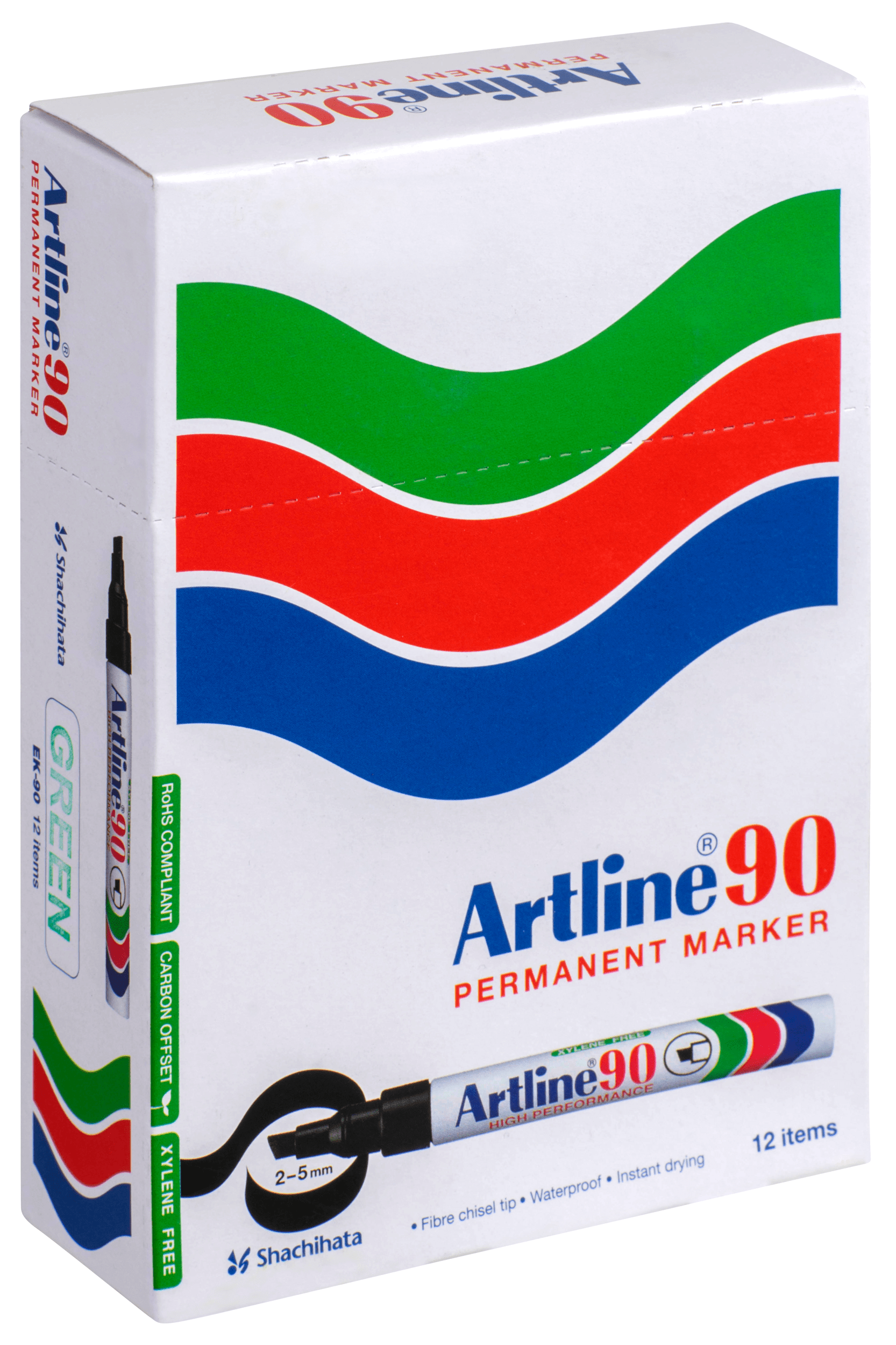 Artline 90 Permanent Marker 5mm Chisel Tip - Pack of 12 Green Ink Markers for Office, School, Art Projects & DIY Crafts