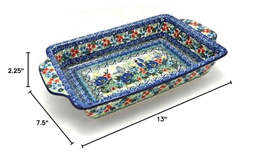 Authentic Polish Pottery Rectangular Baker with Tab Handles - 7 Cup Capacity - Unikat Signature U4600 - Perfect for Baking Casseroles, Bread & Serving Dishes