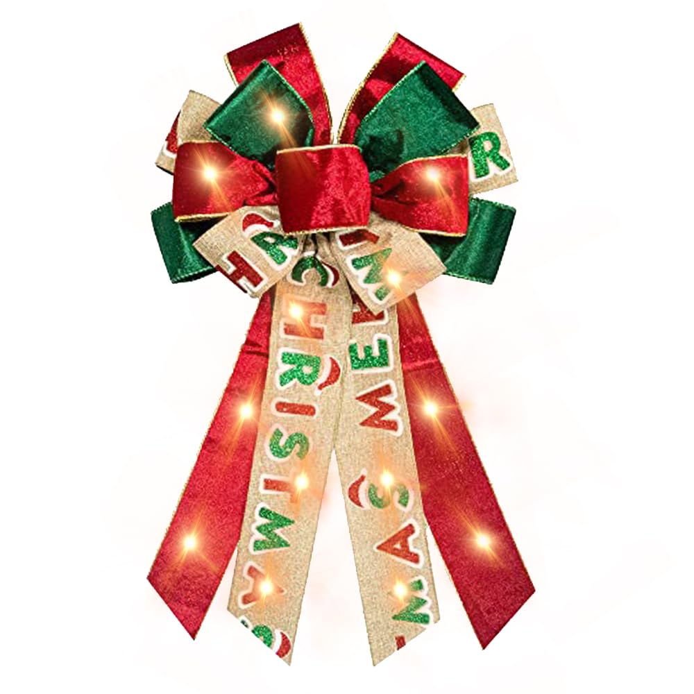 Large LED Christmas Bows for Wreaths - Red & Green Velvet Bow with Battery-Operated Lights - Xmas Tree Topper & Front Door Decor - Perfect for Holiday Parties, New Year & Christmas Decorations