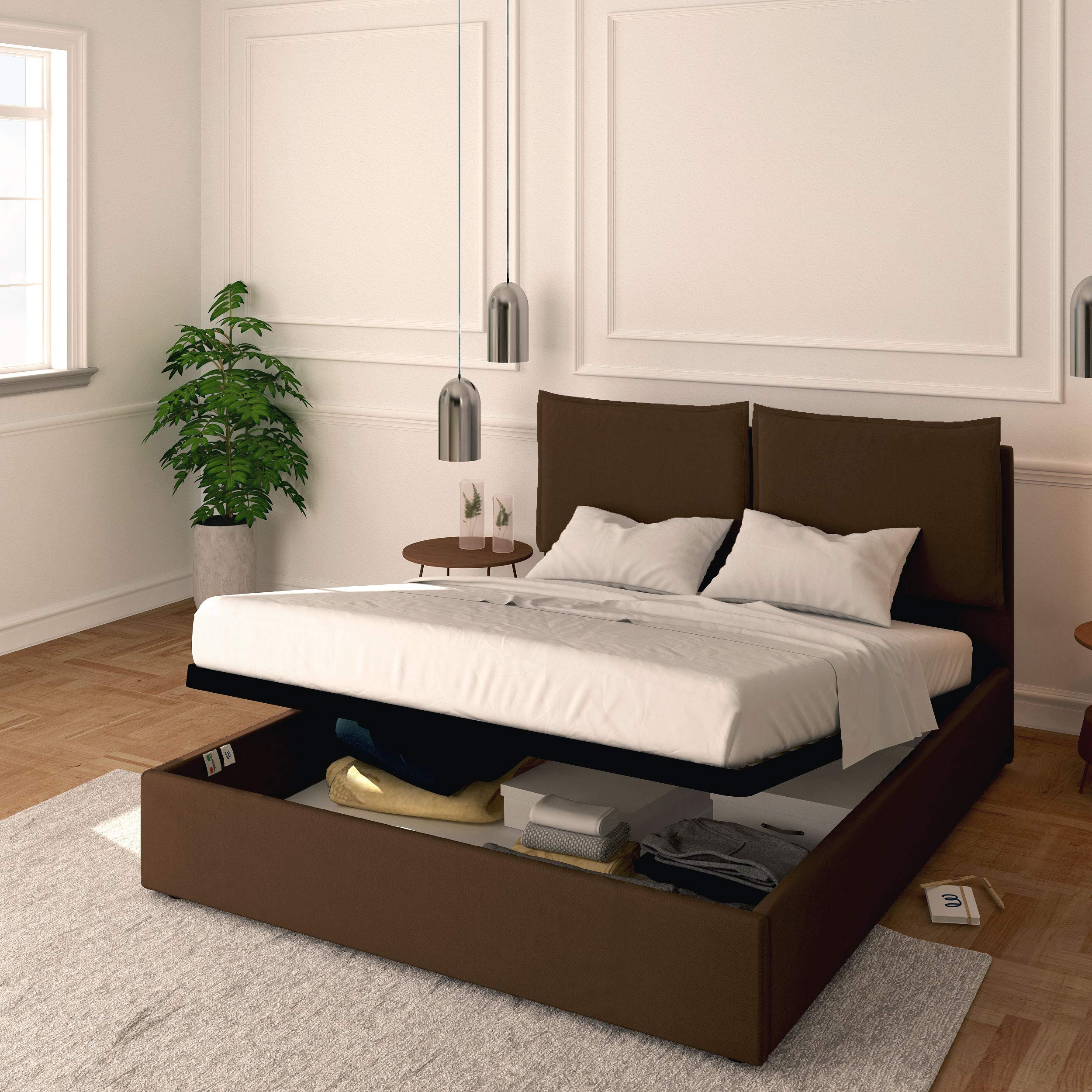 Baldiflex Licia Fabric Queen Size Bed Frame with Slatted Base, Storage Drawer & Padded Headboard - 160x200cm, Brown - Perfect for Master Bedrooms & Guest Rooms