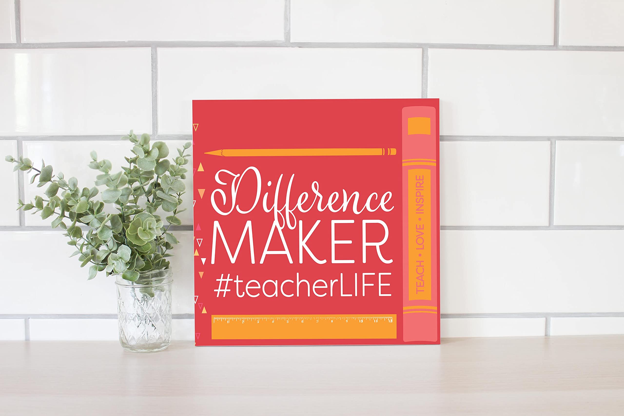 Elanze Designs Difference Maker Teacher Red Pencil Ruler 12x12 Wood Wall Sign Plaque - Perfect for Classroom Decor, Teacher Appreciation Gifts & School Office Wall Art
