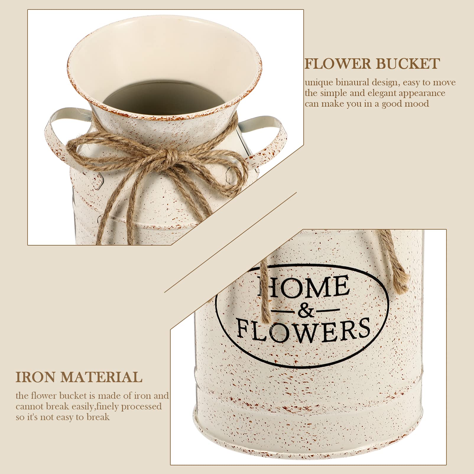 French Style Shabby Chic Galvanized Metal Flower Vase - Rustic Milk Can Pitcher for Farmhouse Decor, Wedding Centerpiece & Home Floral Arrangements (Beige)